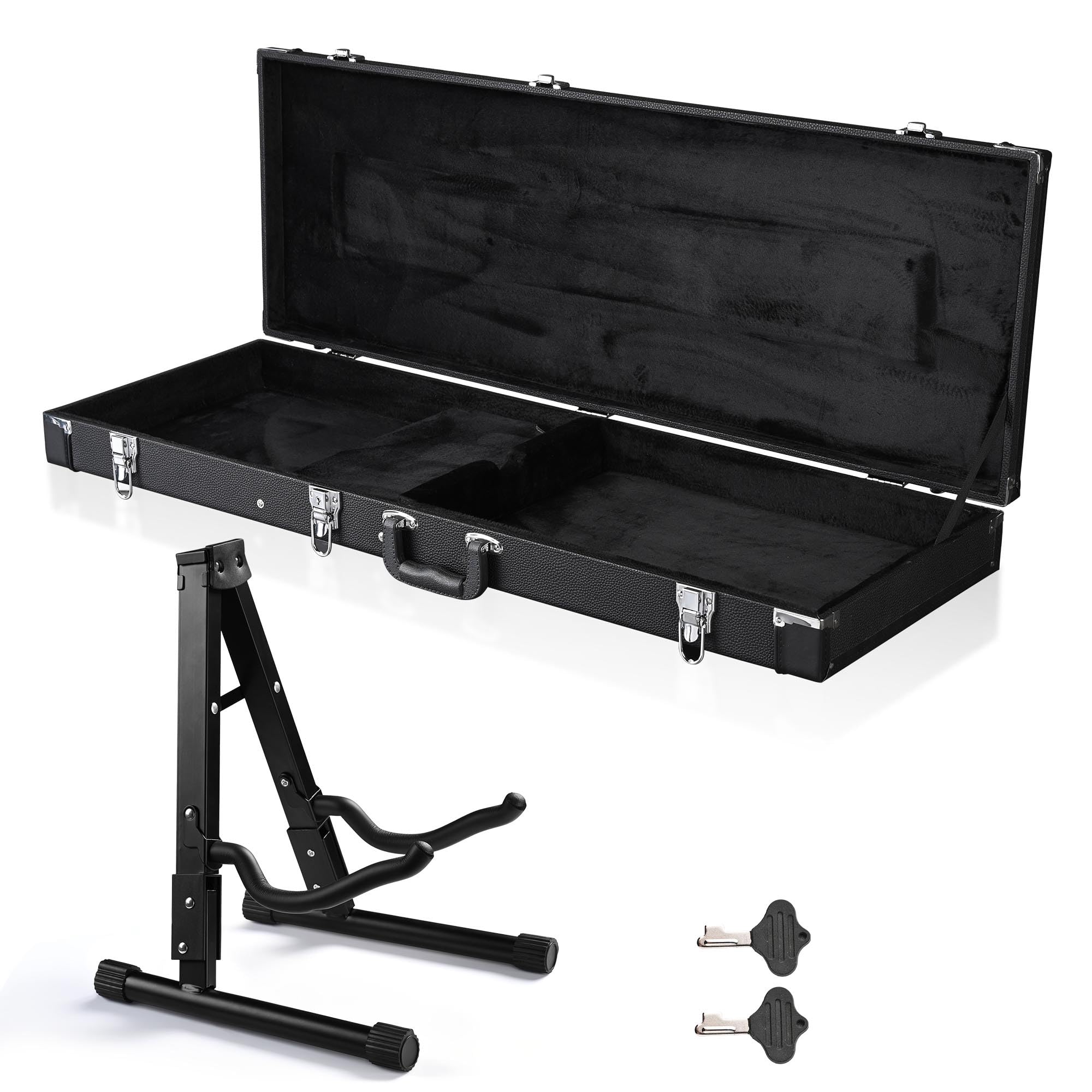 AW Universal Rectangular Electric Guitar Hard Case with Folding Guitar Floor Stand for Standard Guitar Wooden Carrying Case Lock