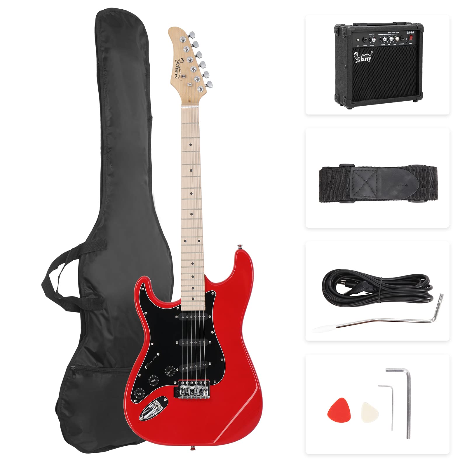 Glarry 39'' Left Handed Full Size Electric Guitar For Music Lover Beginner With 20W Amp And Accessories Pack Guitar Bag (Red)