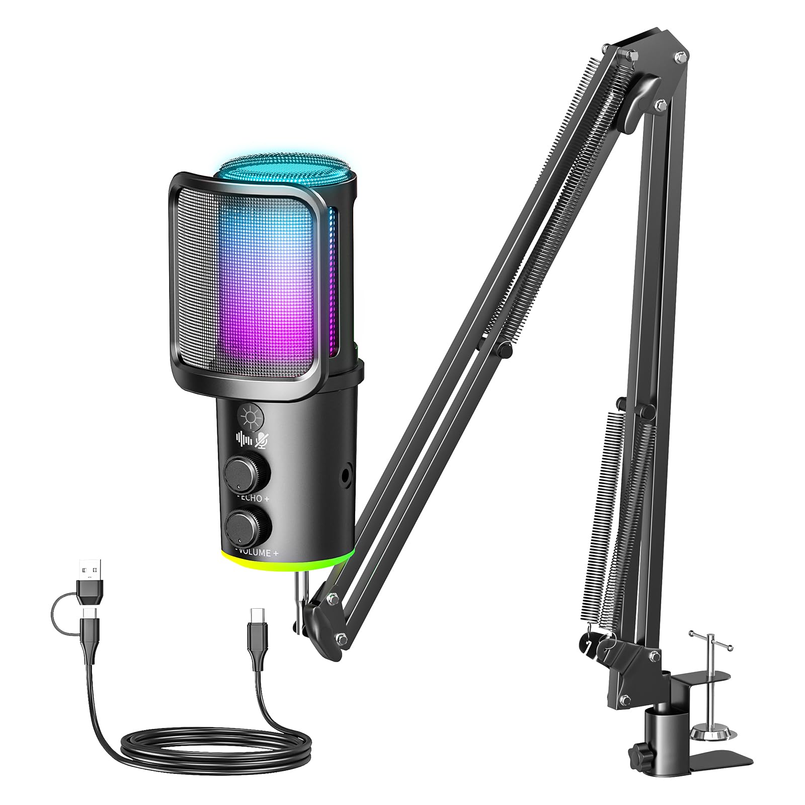Gaming USB Microphone, Noise Cancellation Condenser Mic with Mute,Boom Arm Mic-Reverb Adjustment, Monitoring for Streaming, Podc