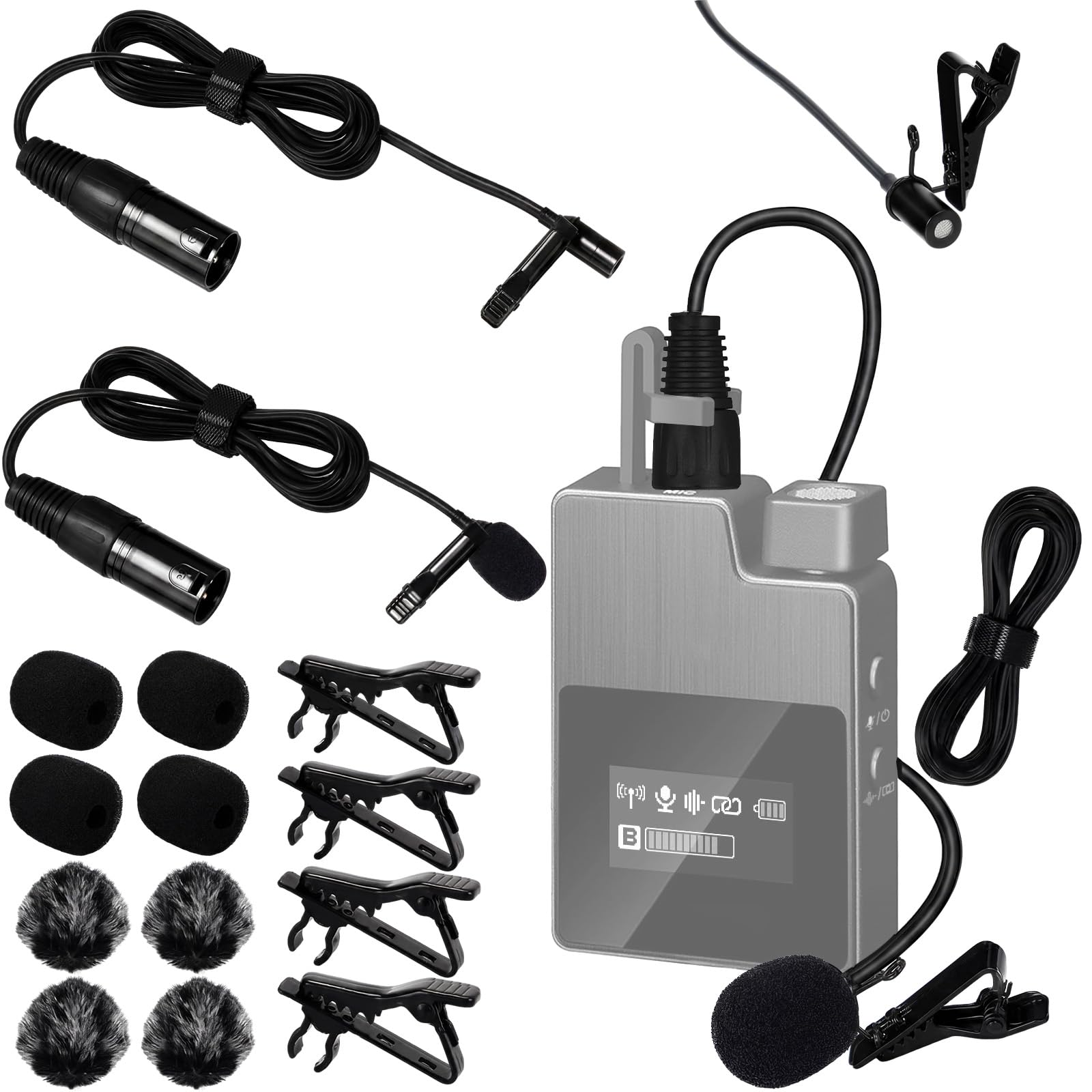 Tellegloww 4 Pack 3-pin XLR Lavalier Microphone Kit, 6.56ft/ 2m Balanced Omnidirectional Lapel Mic with Clips, Foam & Furry Wind