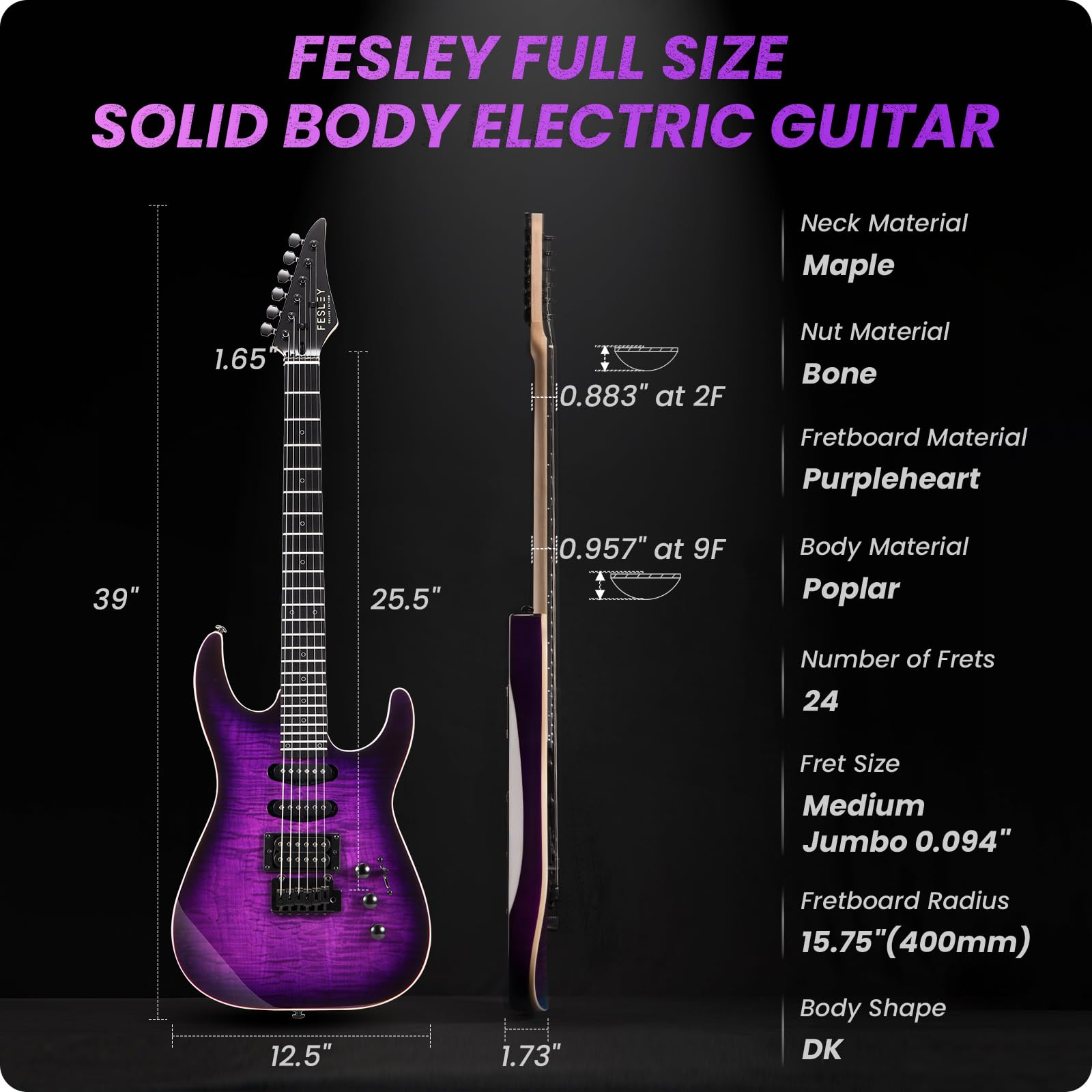 Fesley X 39'' Solid Body Electric Guitar: Electric Guitar Kit with Bone Nut, Full Size 6 String Guitars with 24 Frets, Poplar Bo