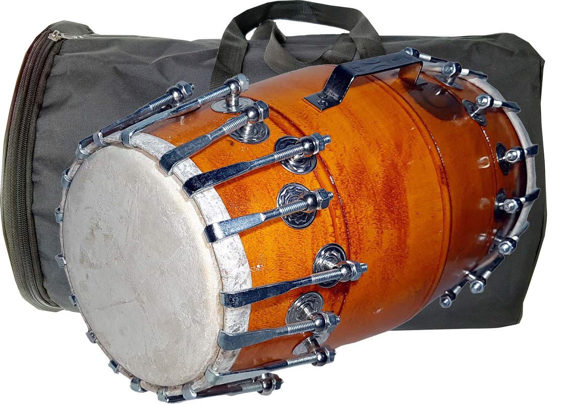 Gt Manufacturers Wooden Musical Dholak Instrument Drum Nuts & Bolt With Cover (Orabge)