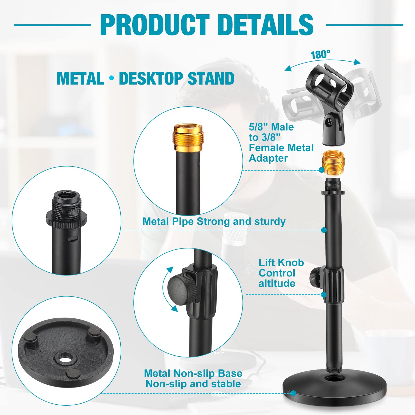 Hoteam 2 Pcs Desktop Microphone Stand Adjustable Table Mic Stand Mic Clip Mic Stand Desk with 5/8'' Male to 3/8'' Female Screw M