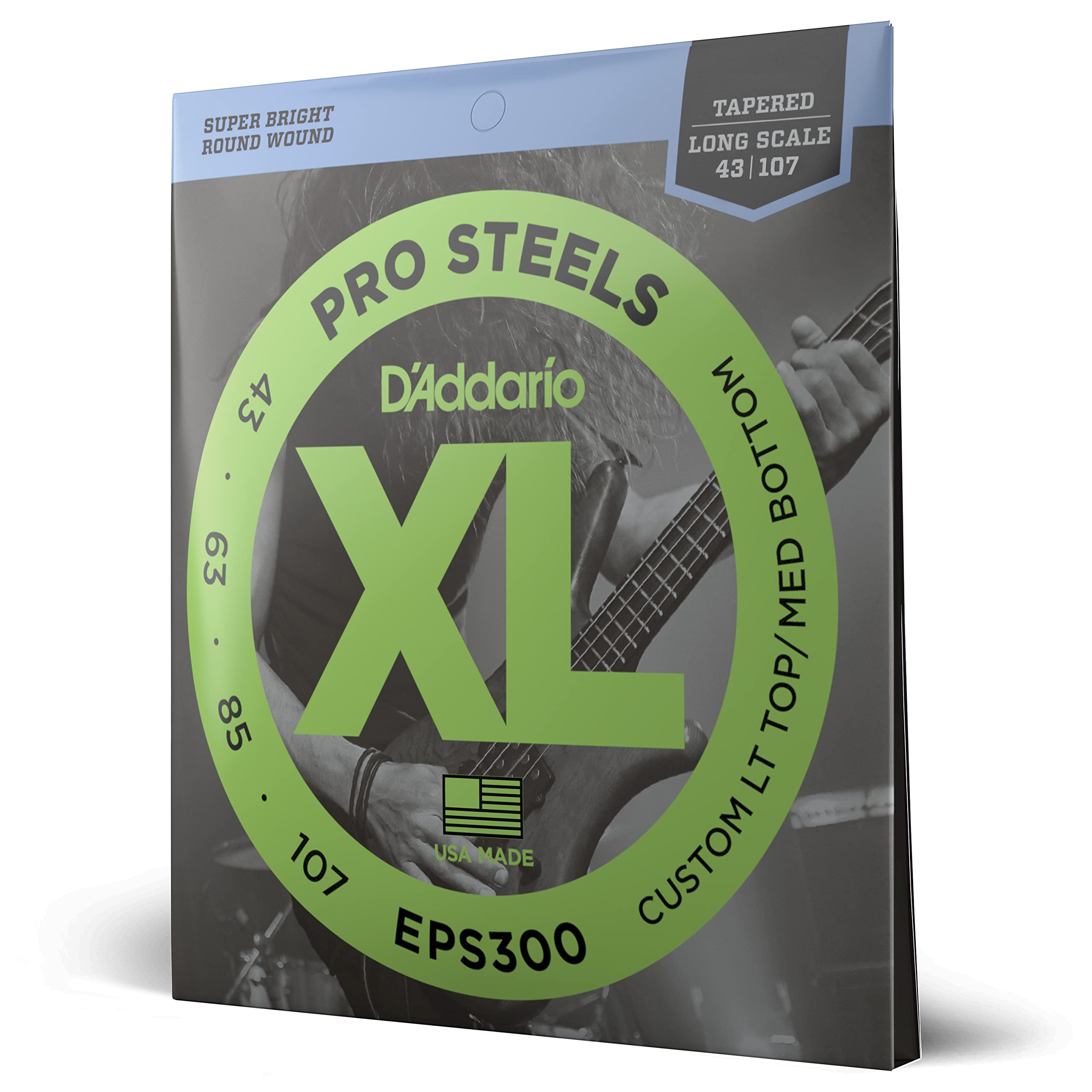 D'Addario Bass Guitar Strings, Xl Pro Steels, Eps300, Long Scale, Custom Light Top/Medium Bottom Gauge 43-107, Tapered, 4-String