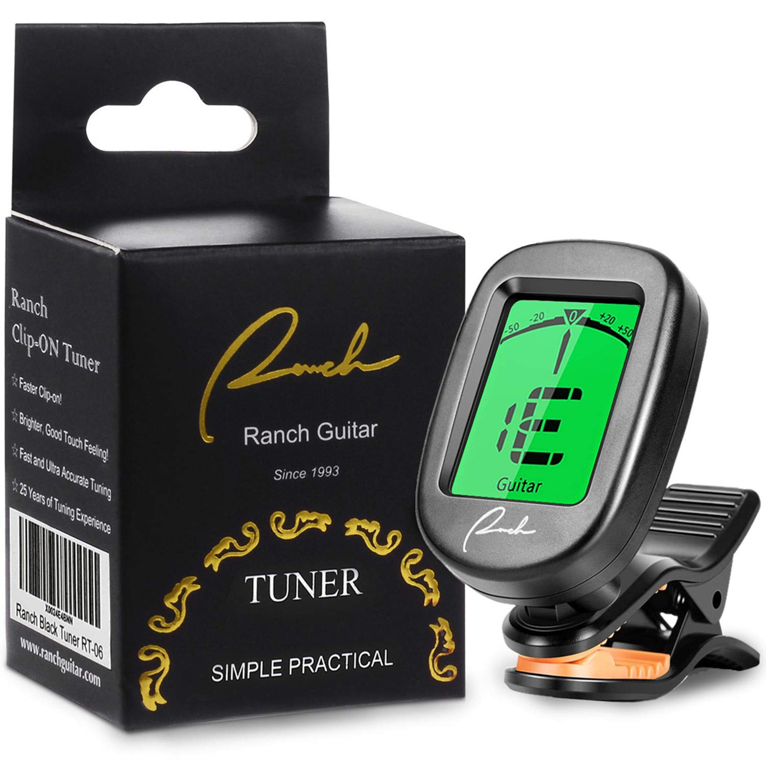 Ranch Guitar Tuner Clip On for Acoustic/Electric Guitar, Ukulele, Violin, Bass, Banjo and Chromatic Tuning Modes - Classical Bla