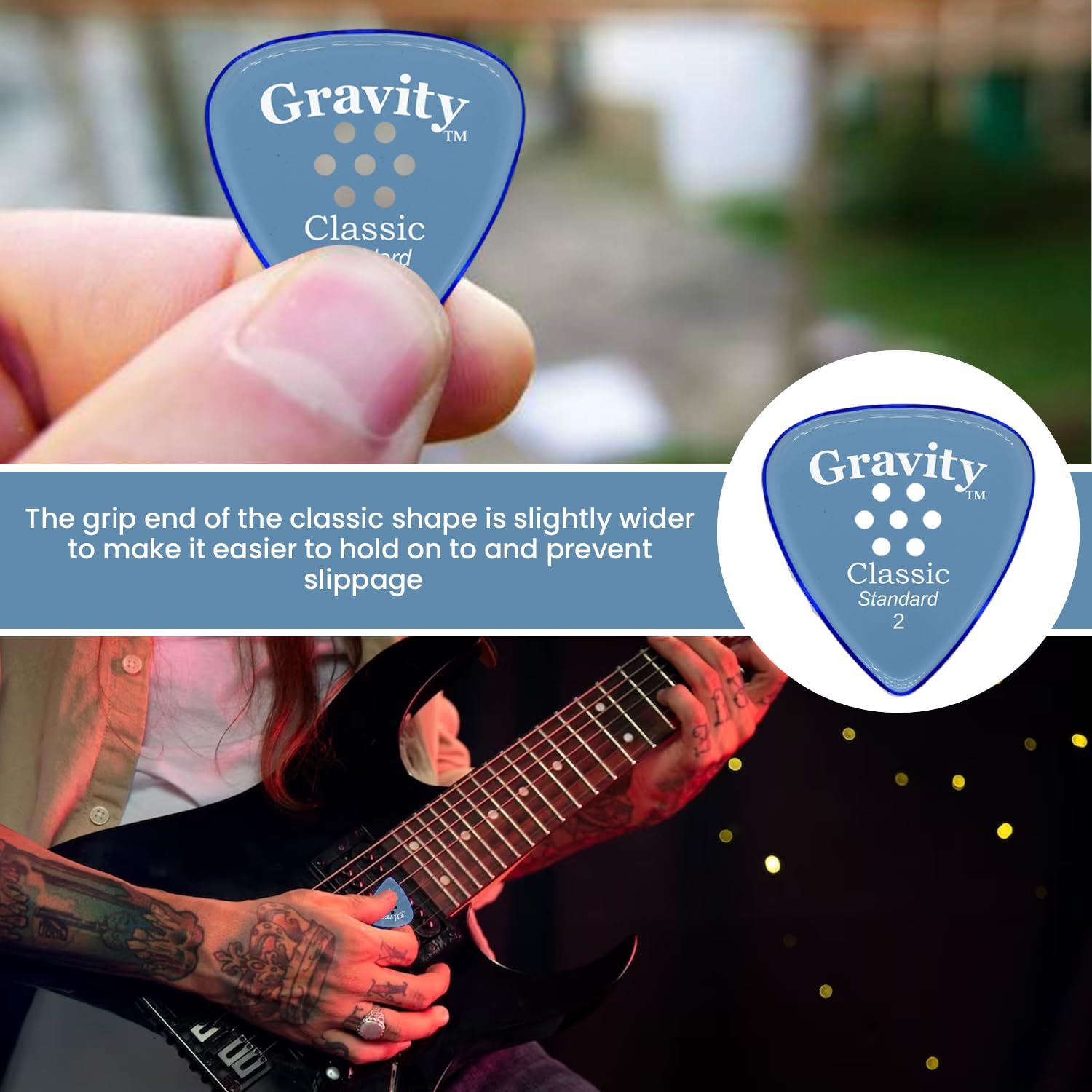 Gravity Picks Classic Guitar Pick - 2.0mm Blue - Polished w/Multi-Hole Grip