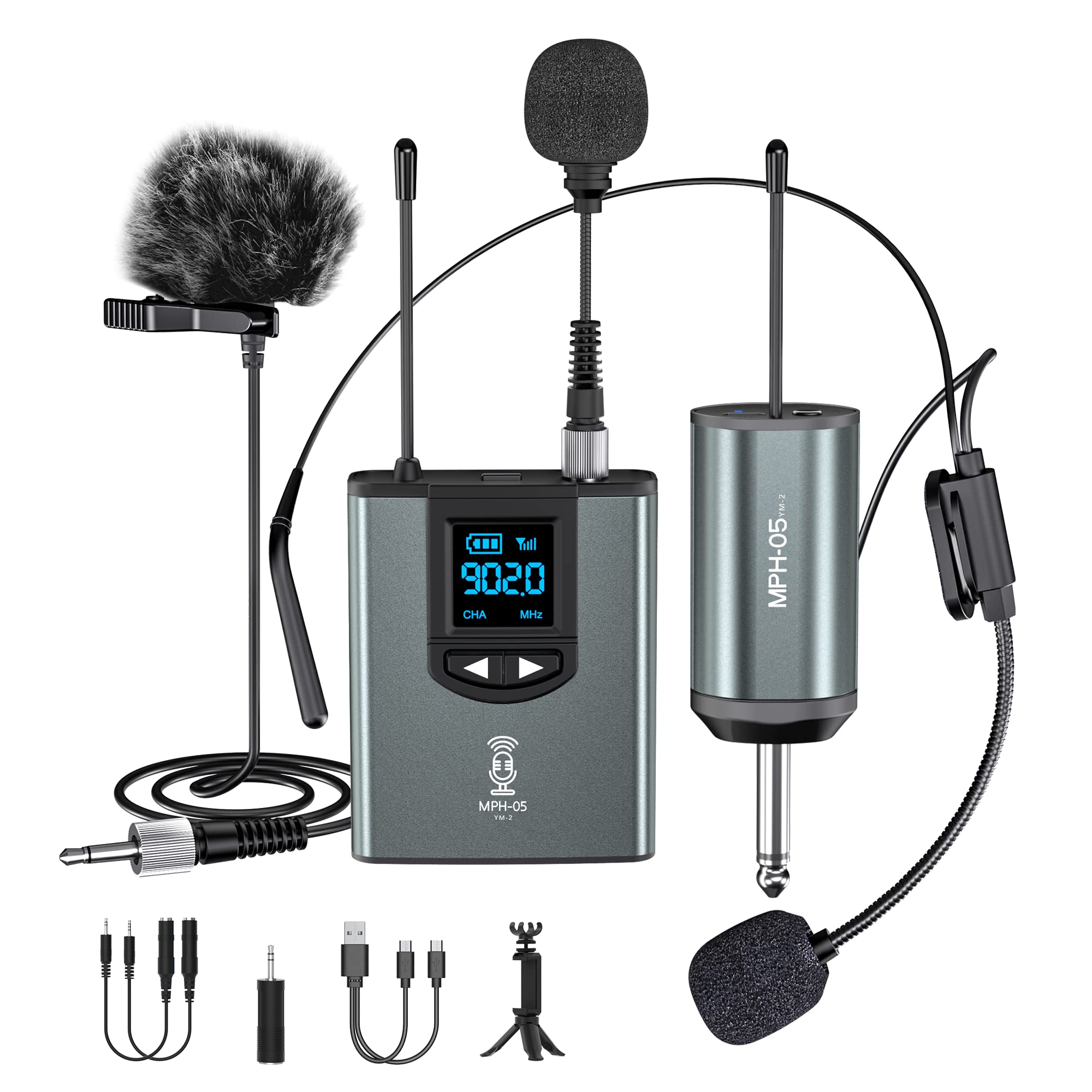 ttstar Wireless Microphone System Headset/Stand/Lavalier Mic with Rechargeable Bodypack Transmitter Receiver for PA Speaker, Cam