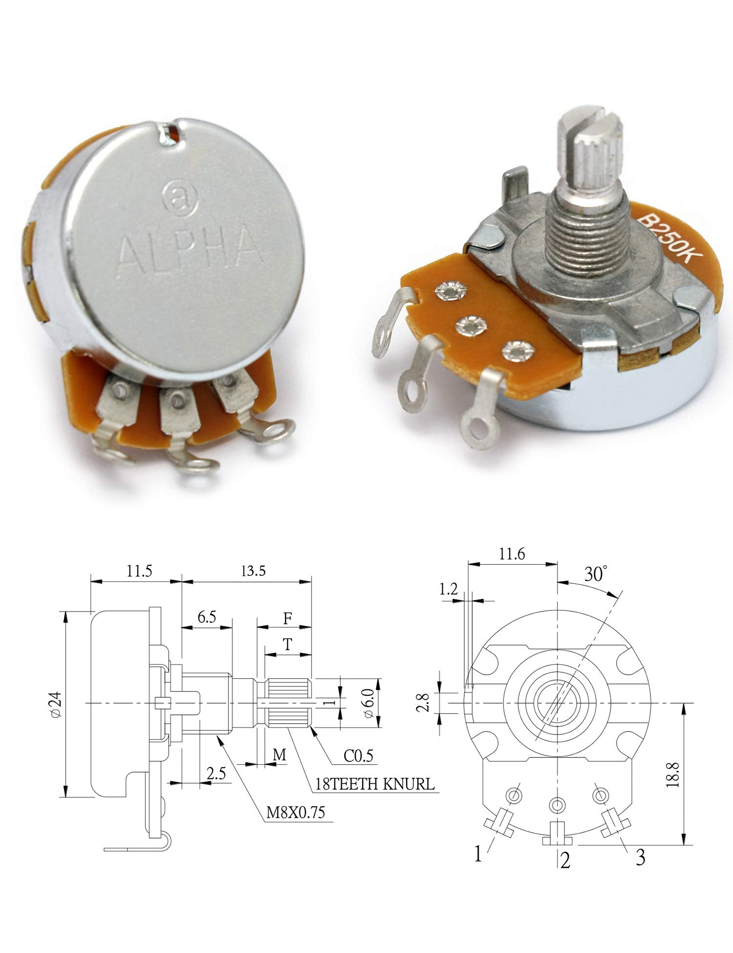 Metallor Alpha Pots Linear B250k Tone Potentiometer Electronics for Electric Guitar or Bass.(Larger B250k)