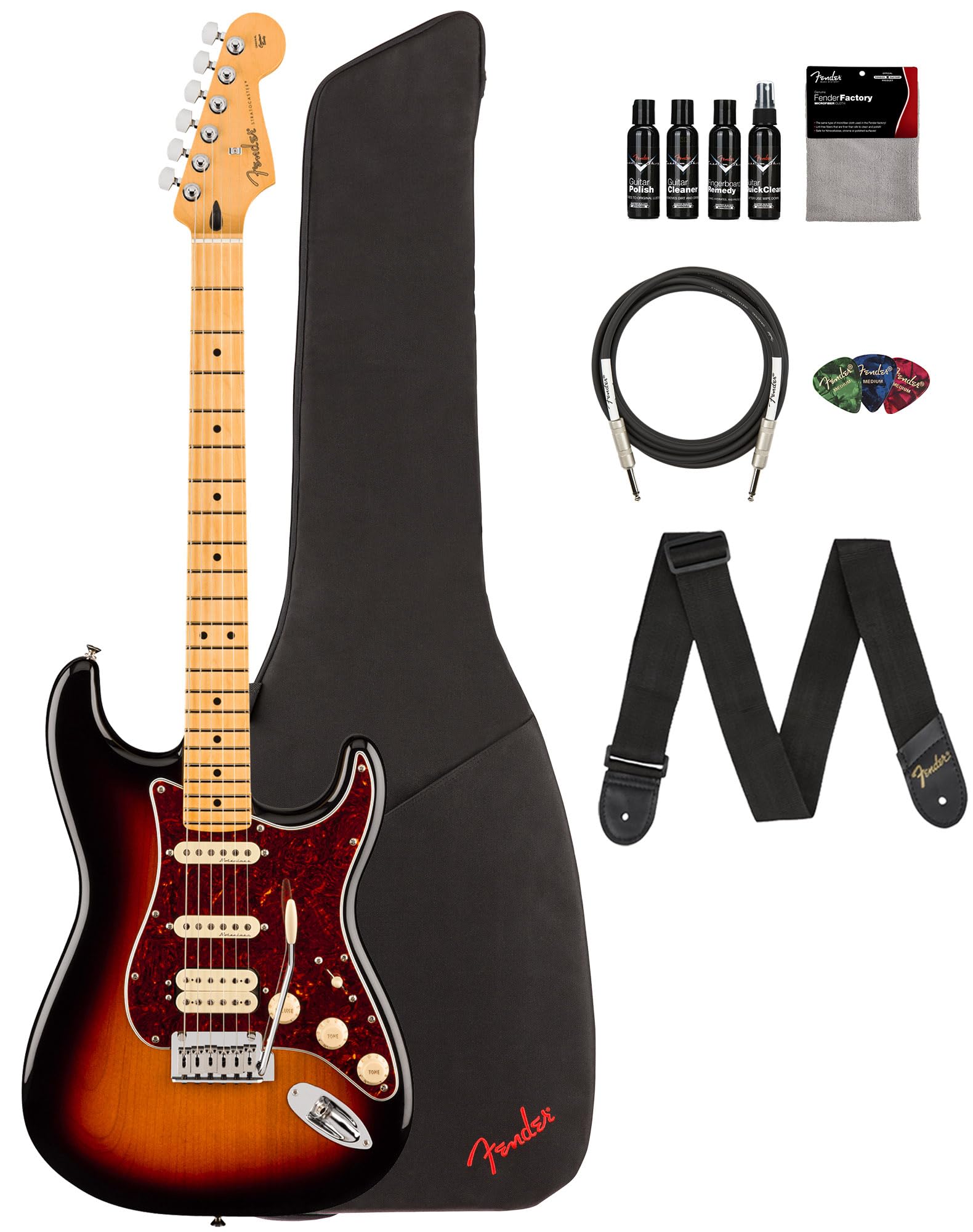 Fender Player II Stratocaster HSS - 3-Color Sunburst Bundle with Gig Bag, Strap, Cable, 3-Pack Picks and Guitar Cleaning Kit