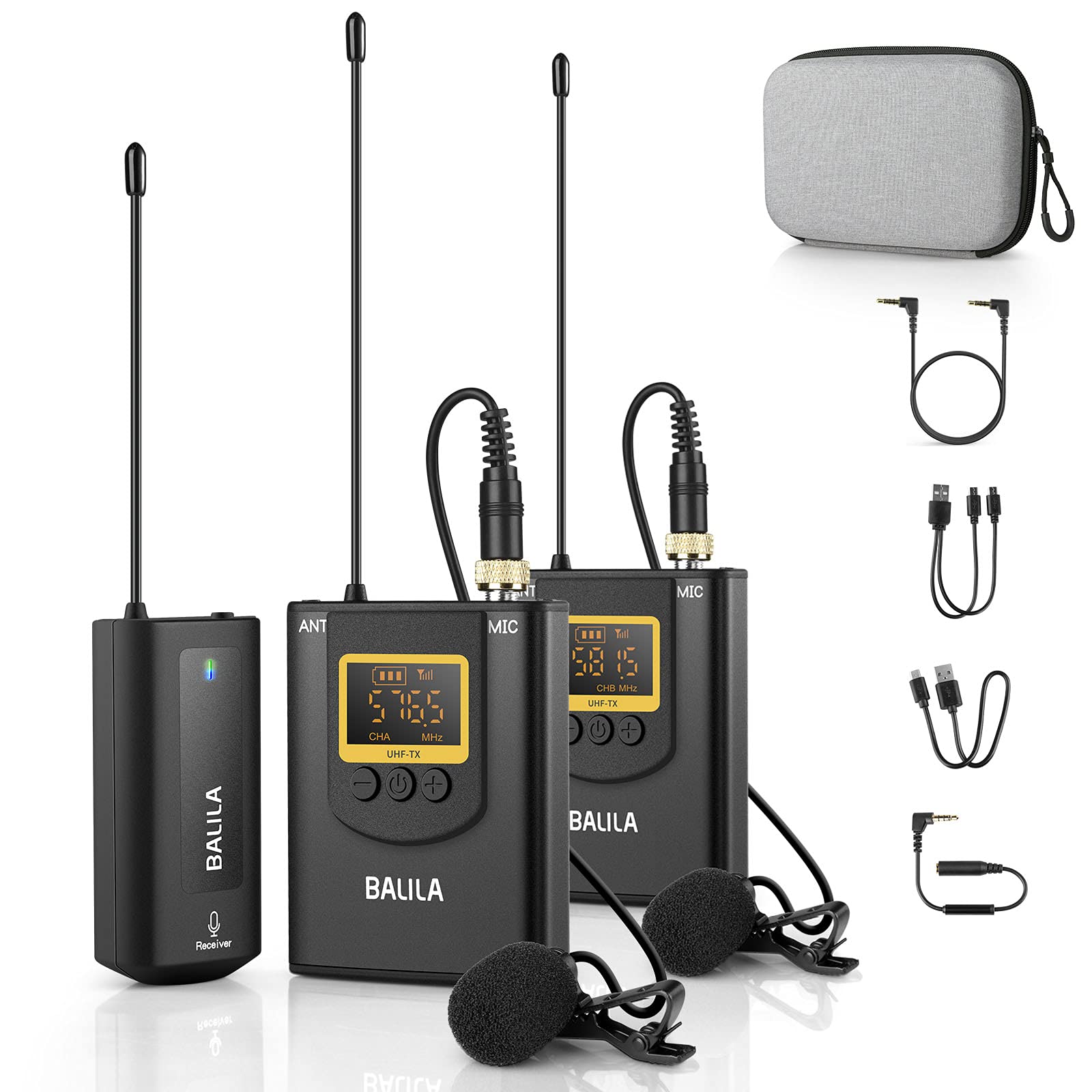 BALILA UHF Wireless Lavalier Microphone System, Wireless Lapel Microphone with 2 Transmitter and 1 Receiver for iPhone/Android, 