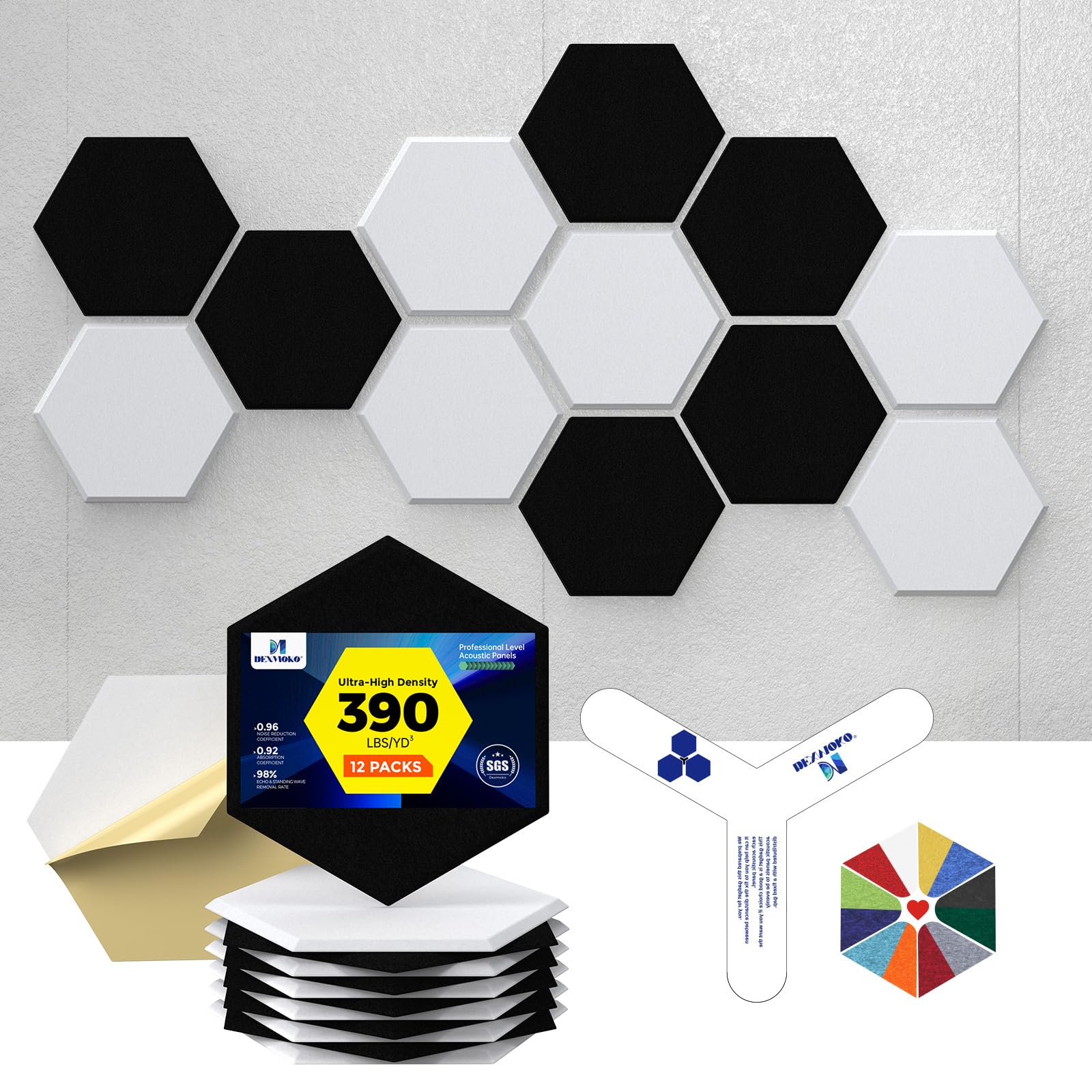 Dexmoko Self-Adhesive Acoustic Panels [390 Lbs/Yd Ultra-High Density], 2Nd Generation Sound Absorbing Panel, Professional Level