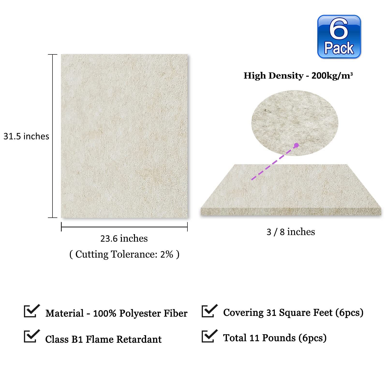 BXI Sound Absorber - 31.5 X 23.6 X 3/8 Inches 6 Pack High Density Acoustic Absorption Panel, Sound Absorbing Panels Reduce Echo