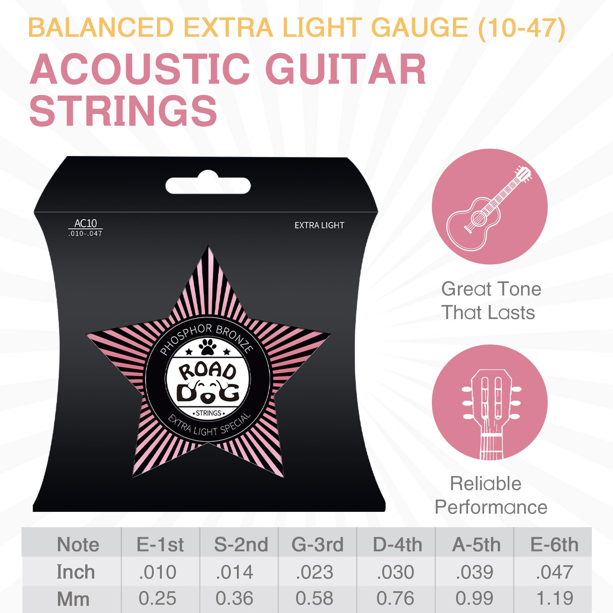 Acoustic Guitar Strings 6 Guitar Strings Nickel Plated Steel with PVD Ion Coating Guitar Strings Acoustic 6 String Set Consisten