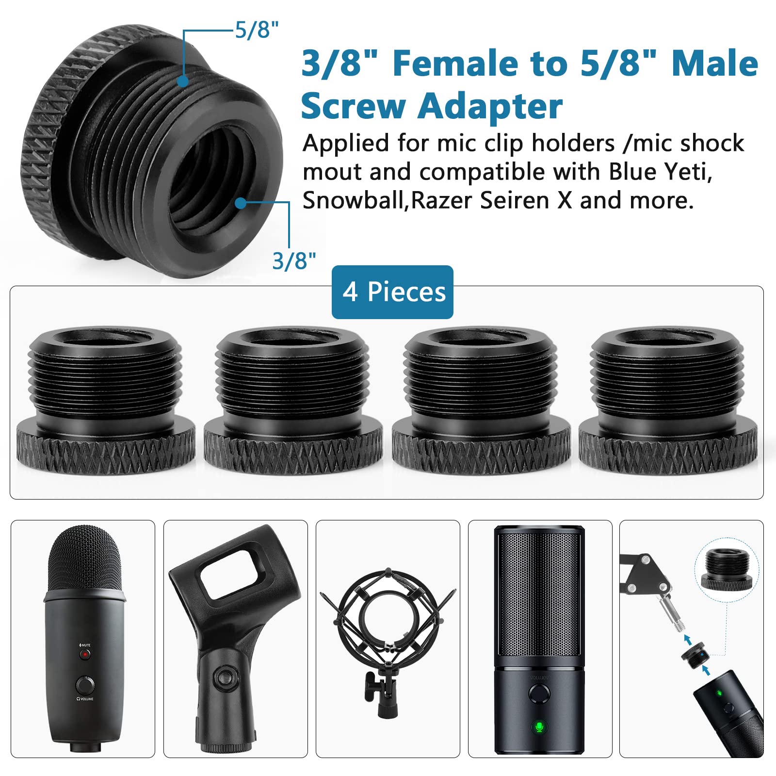 Mic Stand Adapter 3/8 Female to 5/8 Male Microphone Stand Adapter and 5/8 Female to 3/8 Male Mic Thread Adapter for Blue Yeti Sn