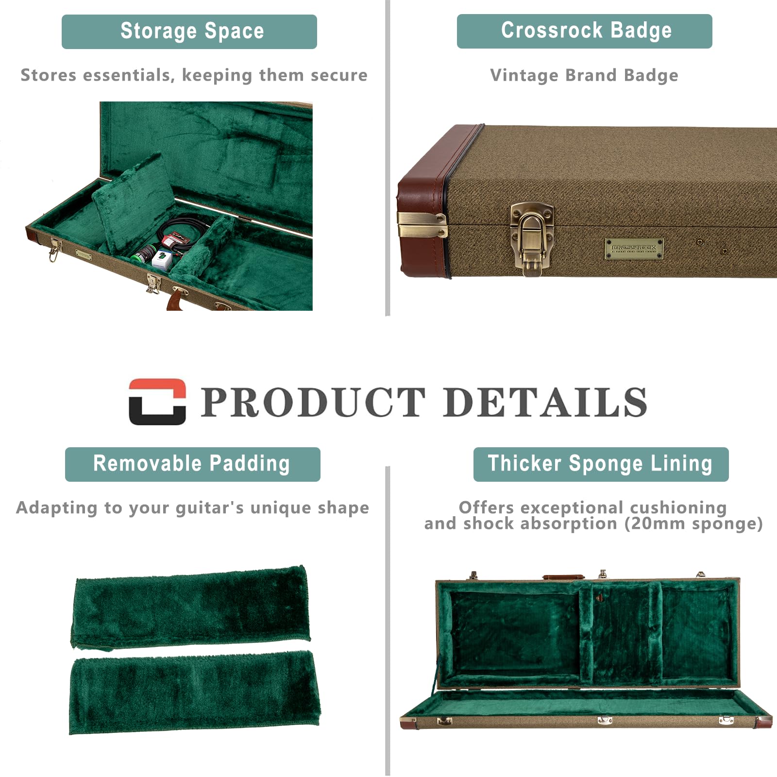 Crossrock Master Series Jazzmaster/Jaguar Style Electric Guitar Case | Olive Green Tweed Exterior, Re-Engineered Wooden Shell, L