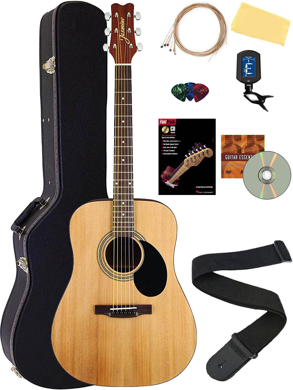 Jasmine S35 Acoustic Guitar - Natural Bundle With Hard Case, Strings, Tuner, Strap, Picks, Instructional Book, Dvd, And Austin B