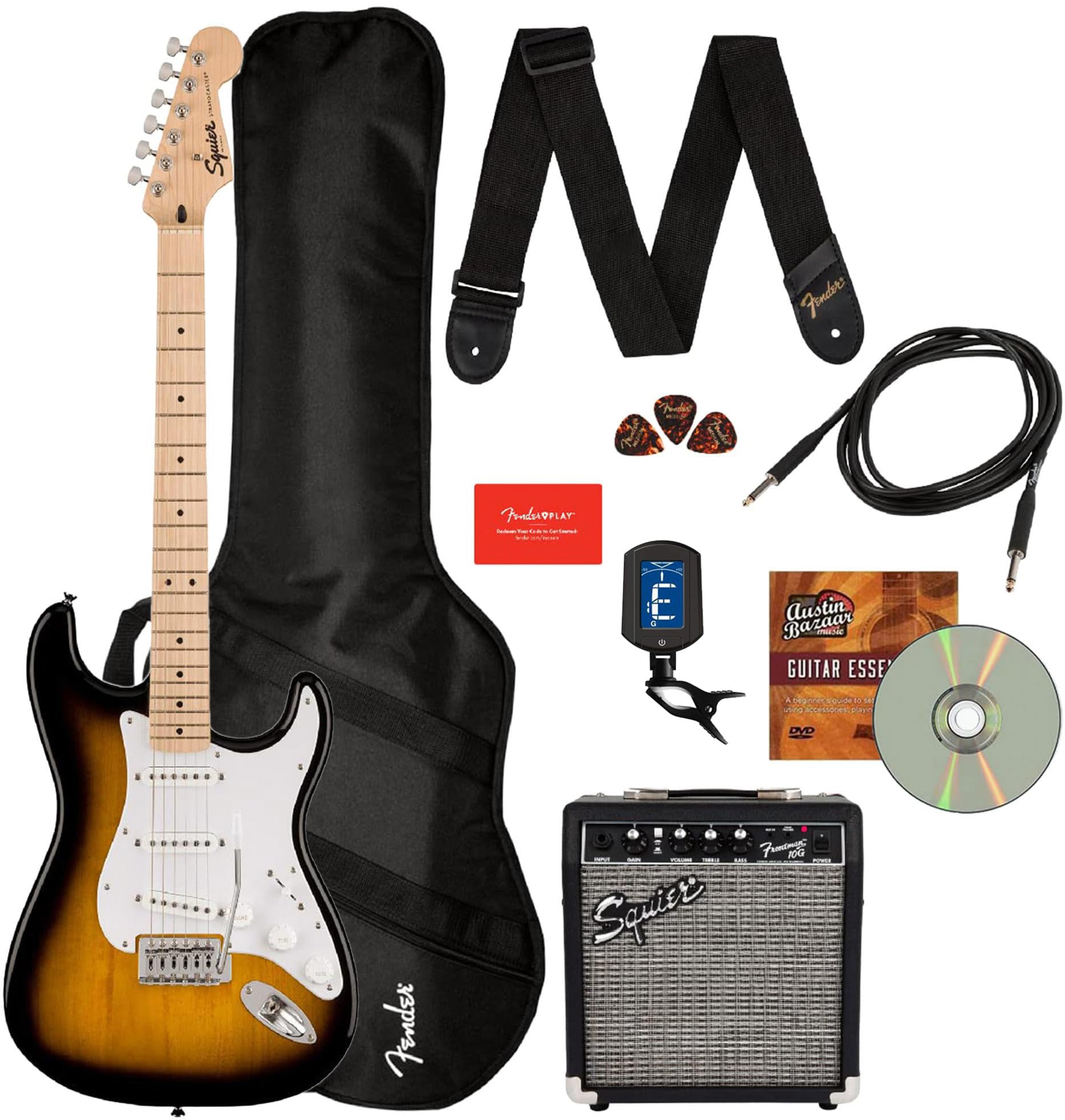 Fender Squier Sonic Strat Pack - 2-Color Sunburst Bundle With Frontman 10G Amp, Gig Bag, Tuner, Strap, Cable, Picks, Fender Play