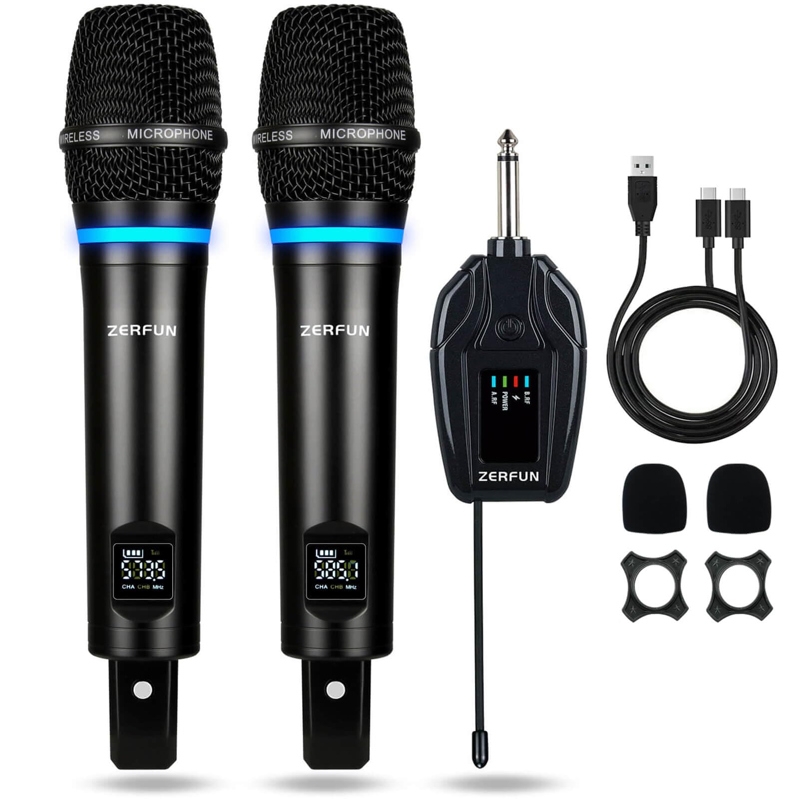Zerfun Dual Wireless Microphones Rechargeable, Uhf Metal Wireless Mic System Cordless Microphone Professional With Channel Contr