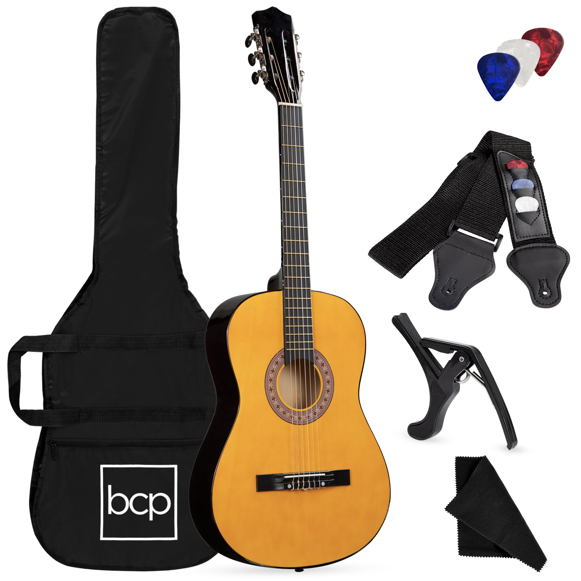 Best Choice Products 38In Beginner All Wood Acoustic Guitar Starter Kit W/Gig Bag, 6 Celluloid Picks, Nylon Strings, Capo, Cloth