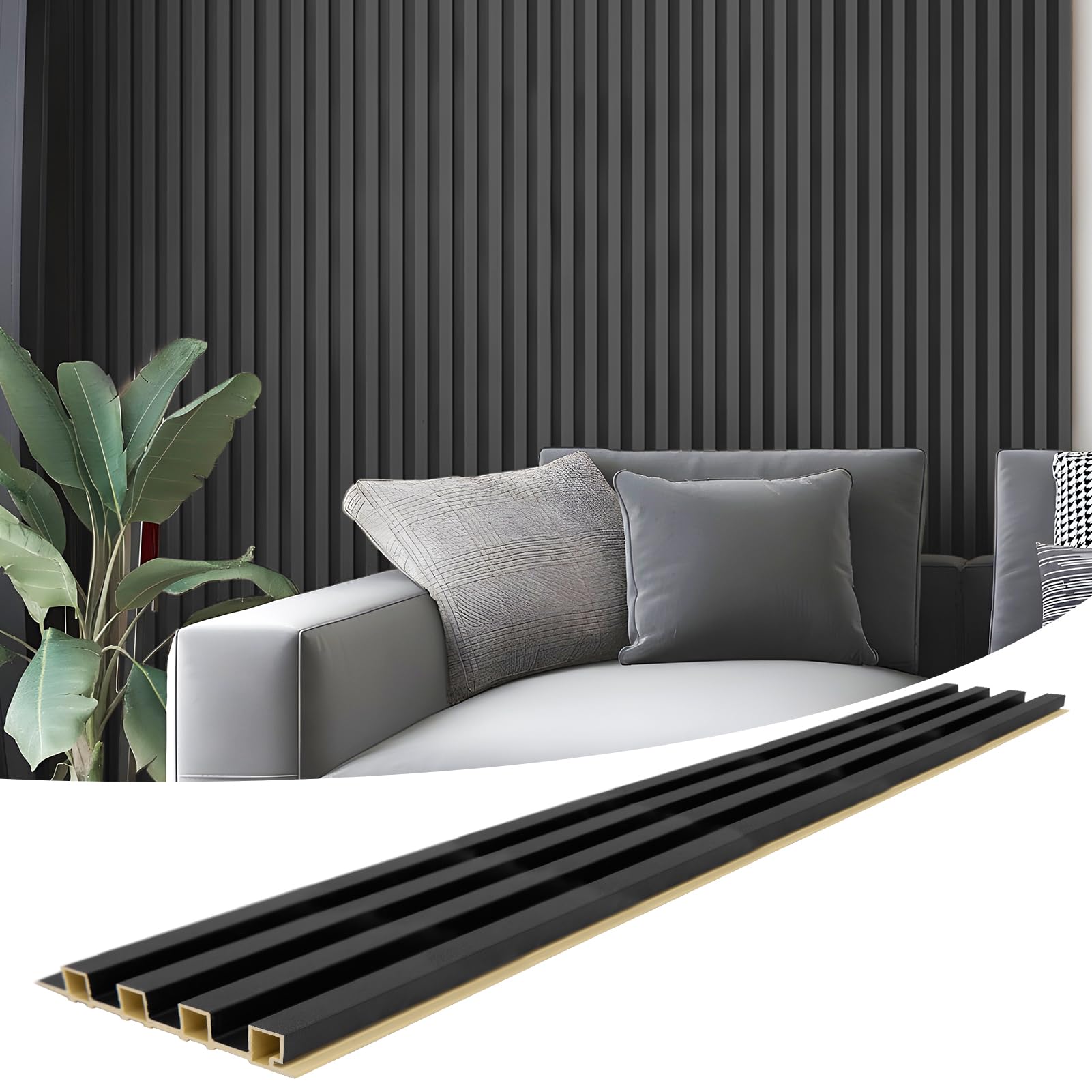 Art3D 8-Pack 96 X 6In. Wpc Acoustic Slat Wall Panel For Modern Interior Decor, Tv Background, Living Room, Matte Black
