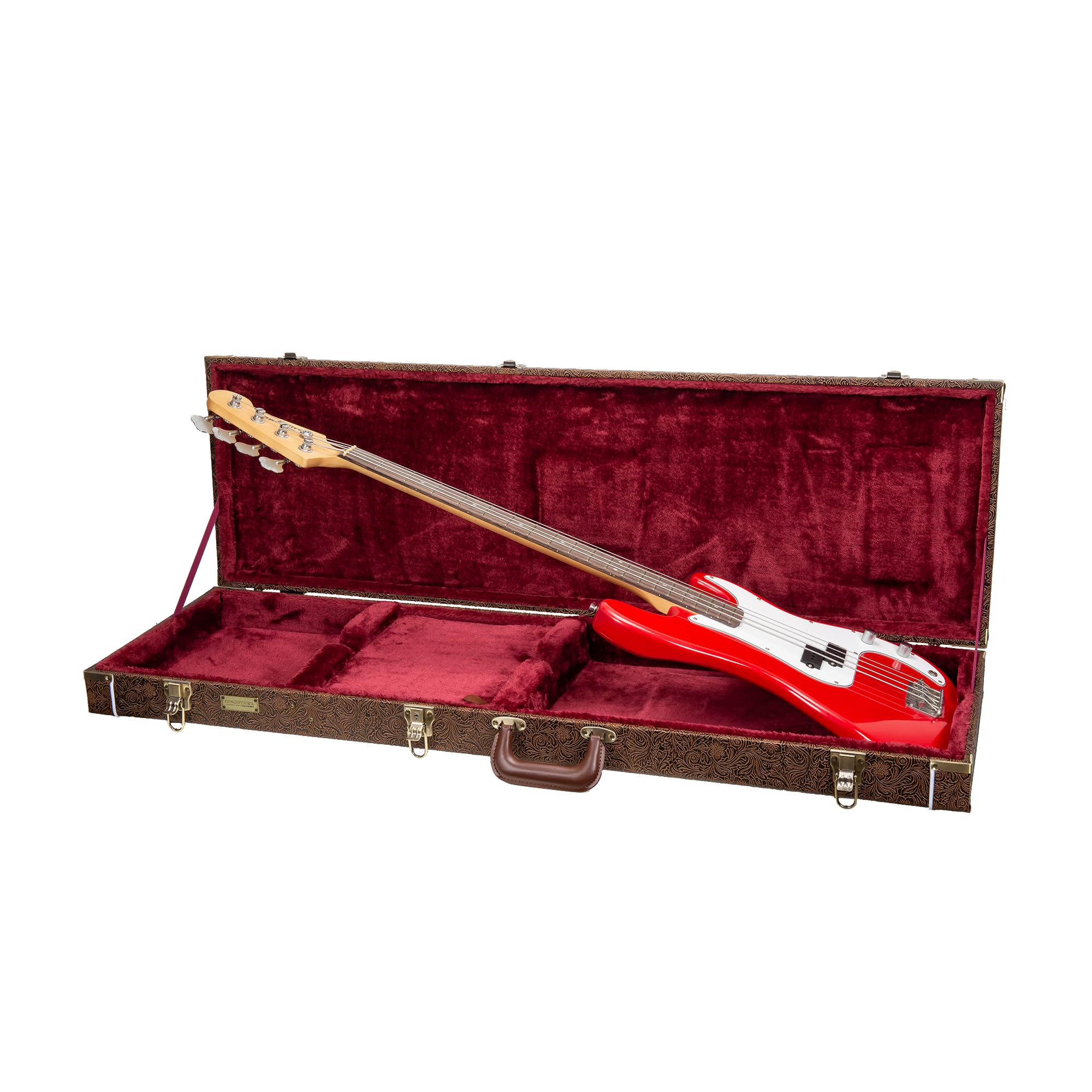Crossrock Wooden Bass Guitar Case For Fender Precision & Jazz | Blossom Brown Faux Leather, Burgundy Velvet Interior, Lock - Des