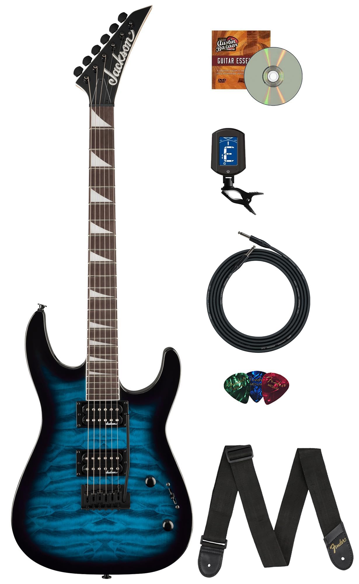 Jackson Js Series Dinky Js20 Dkq 2Pt Transparent Blue Burst Bundle With Cable, Tuner, Strap, Picks, And Austin Bazaar Guitar Dvd