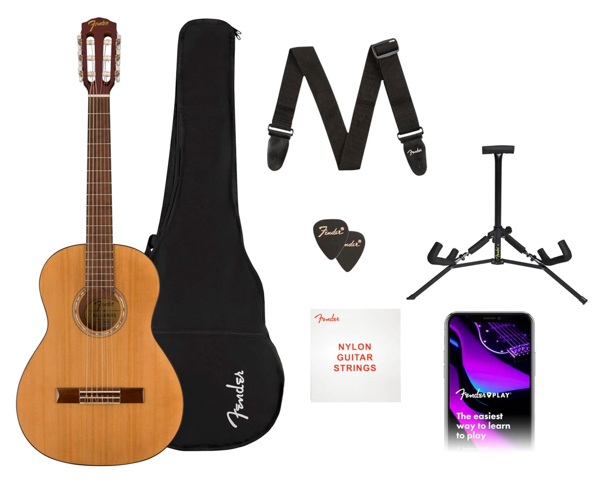 Fender Acoustic Guitar Kit Starter Pack Classical Guitar, Small Beginner Guitar (3/4 Size) With Nylon Strings (Easier On Fingers