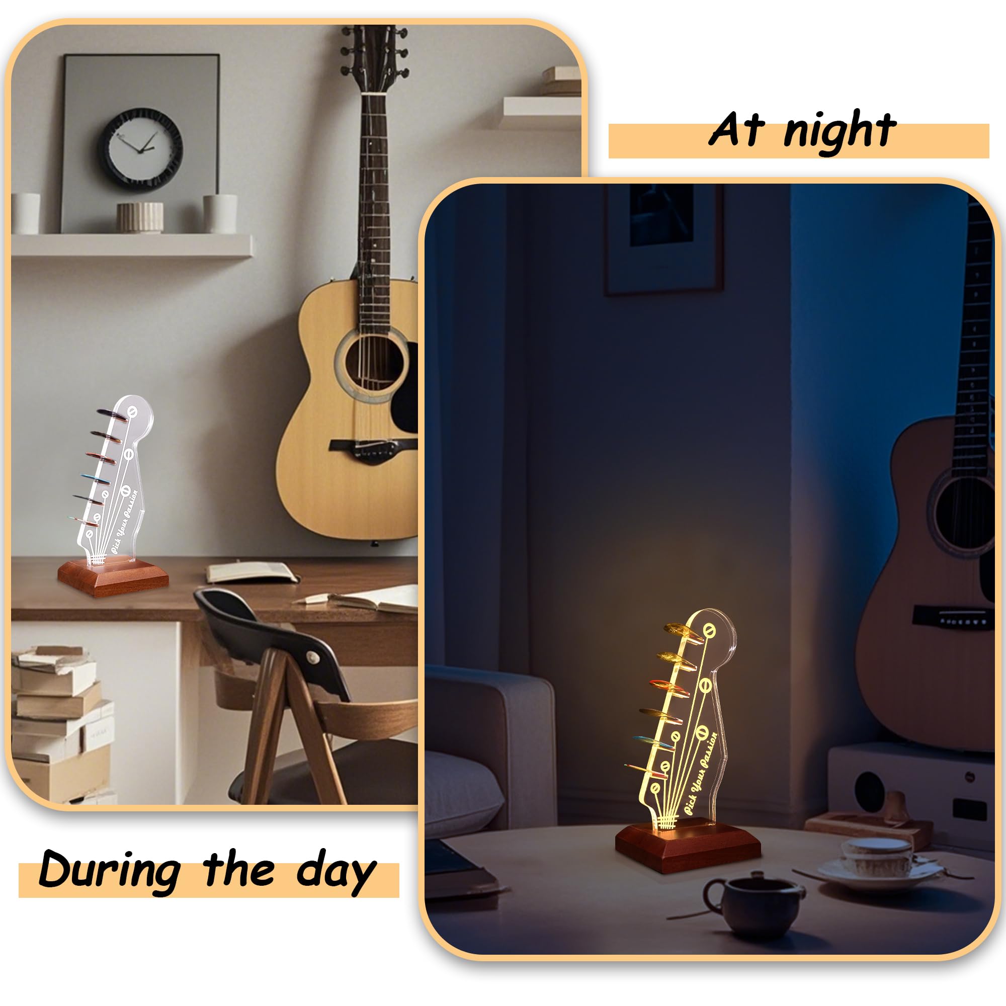 YuanDian Light Up Guitar Pick Holder, Headstock Shaped Wooden Acrylic Holder USB Powered for Guitar Pick Storage, Desk Decor, Gu