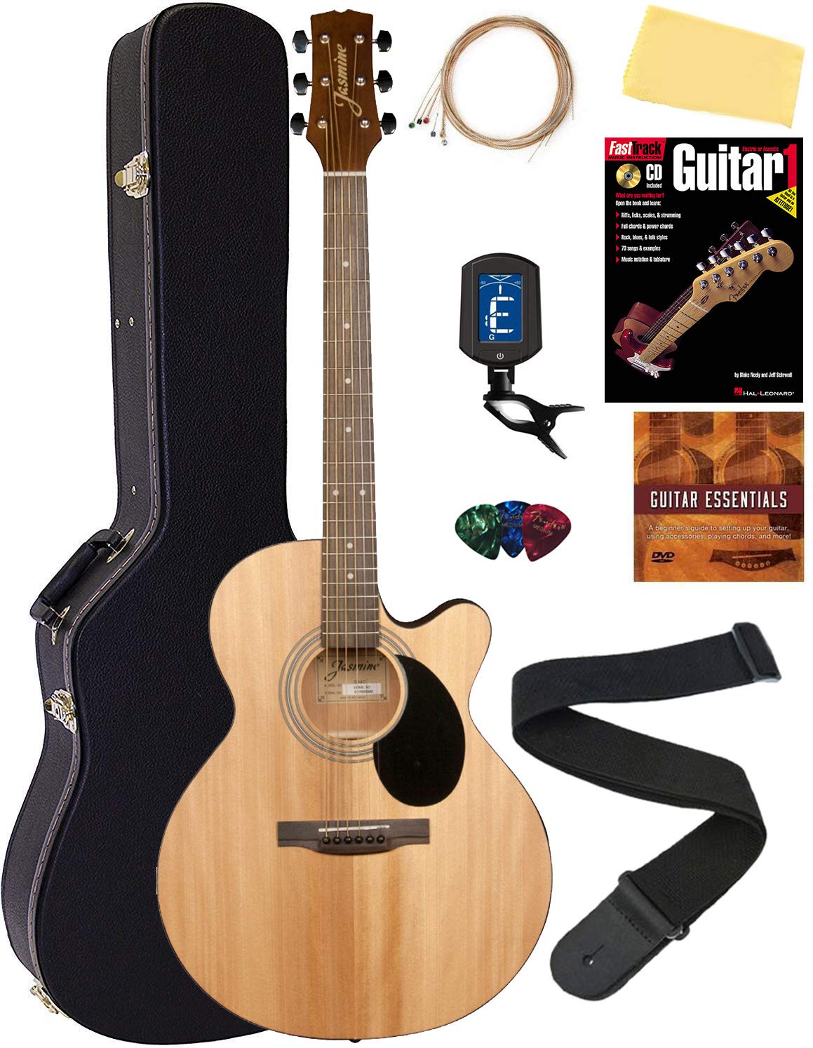 Jasmine S34C Nex Cutaway Acoustic Guitar - Natural Bundle With Hard Case, Strings, Tuner, Strap, Picks, Instructional Book, Dvd,