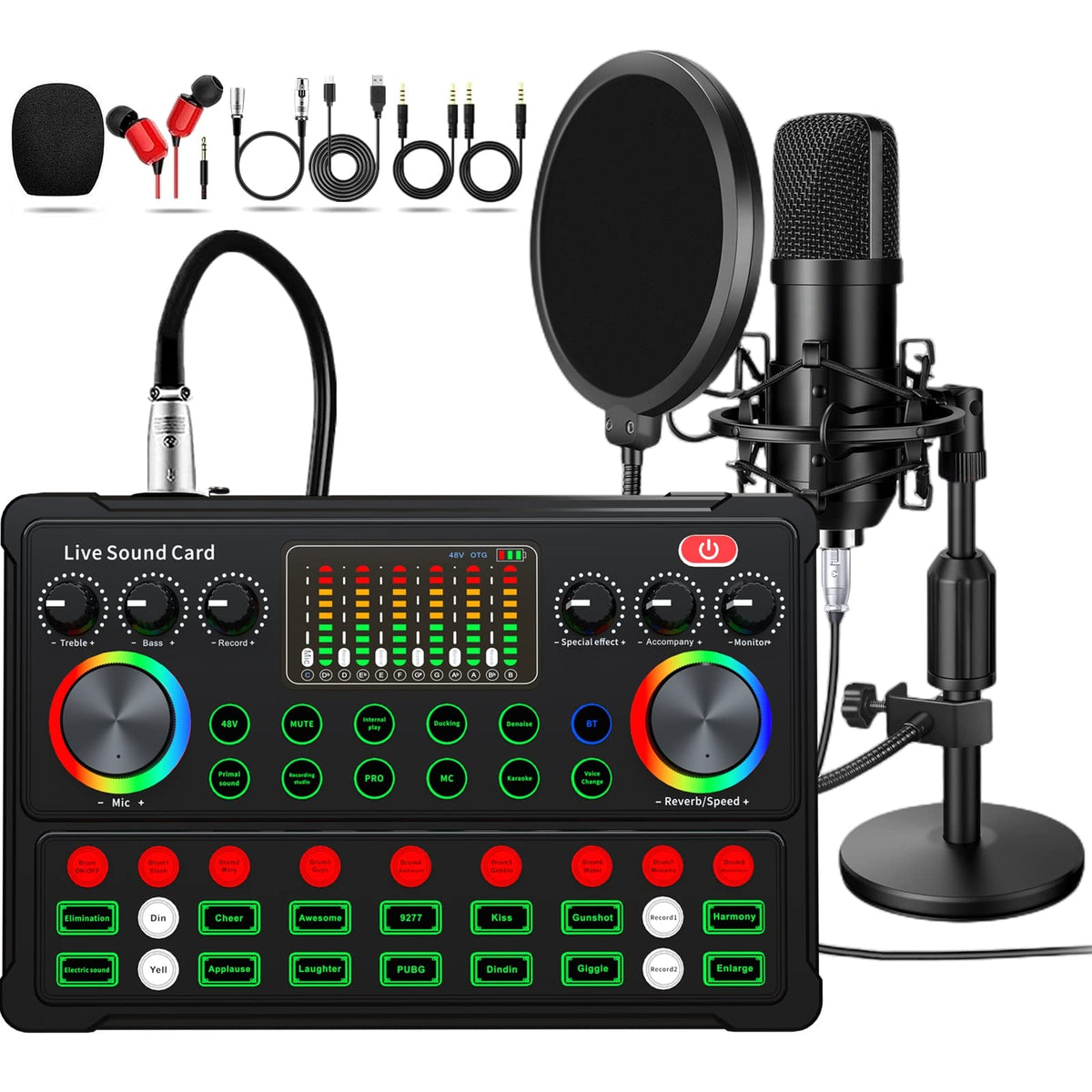 Podcast Equipment Bundle, 48V Condenser Microphone Bundle With M300 Voice Changer, Podcast Microphone Recording Studio Package F