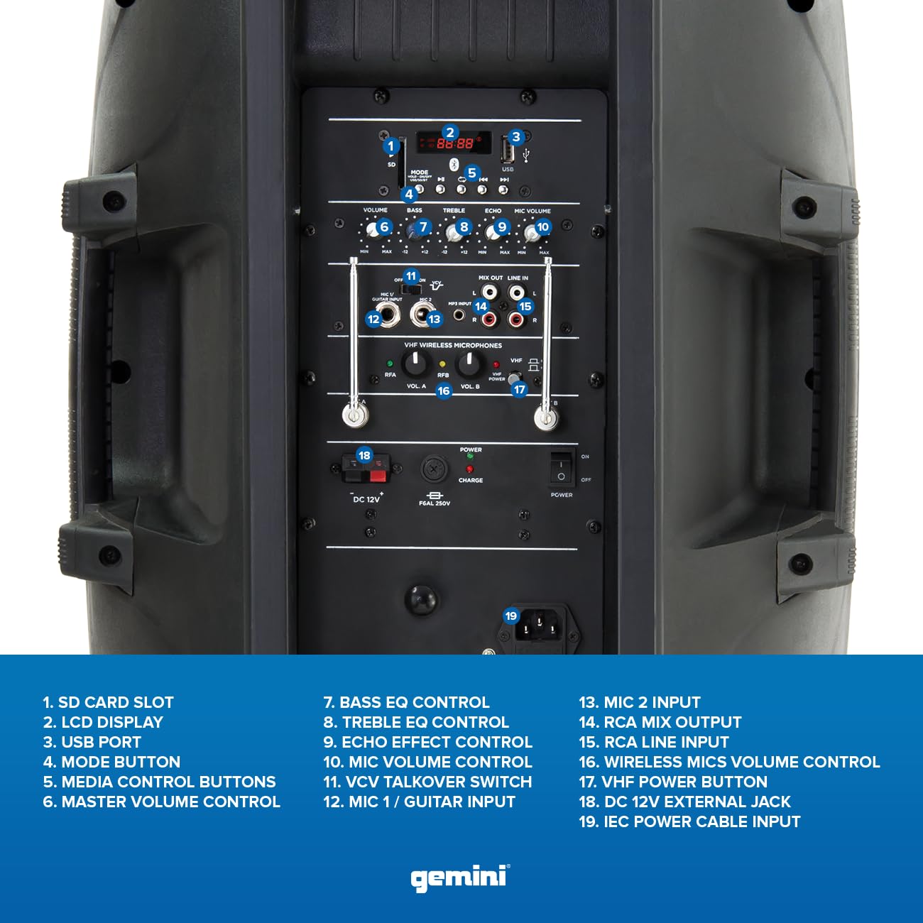 Gemini Sound ES-15TOGO Wireless Portable Bluetooth Streaming Professional DJ PA System Trolley Active 800 Watts Speaker with Dua