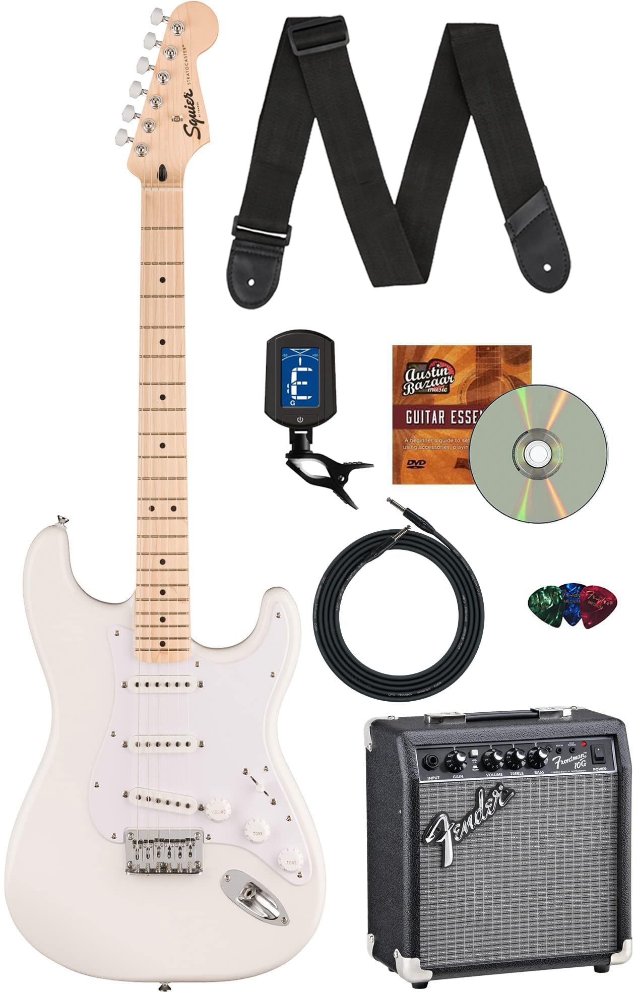 Fender Squier Sonic Stratocaster HT - Arctic White Bundle with Amplifier, Instrument Cable, Tuner, Strap, Picks, and Austin Baza