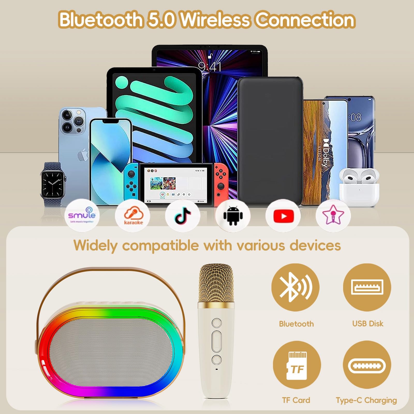 HWWR Karaoke Machine for Kids Adults, Portable Bluetooth Speaker Mini Karaoke Machine with 2 Wireless Microphones & LED Lights f