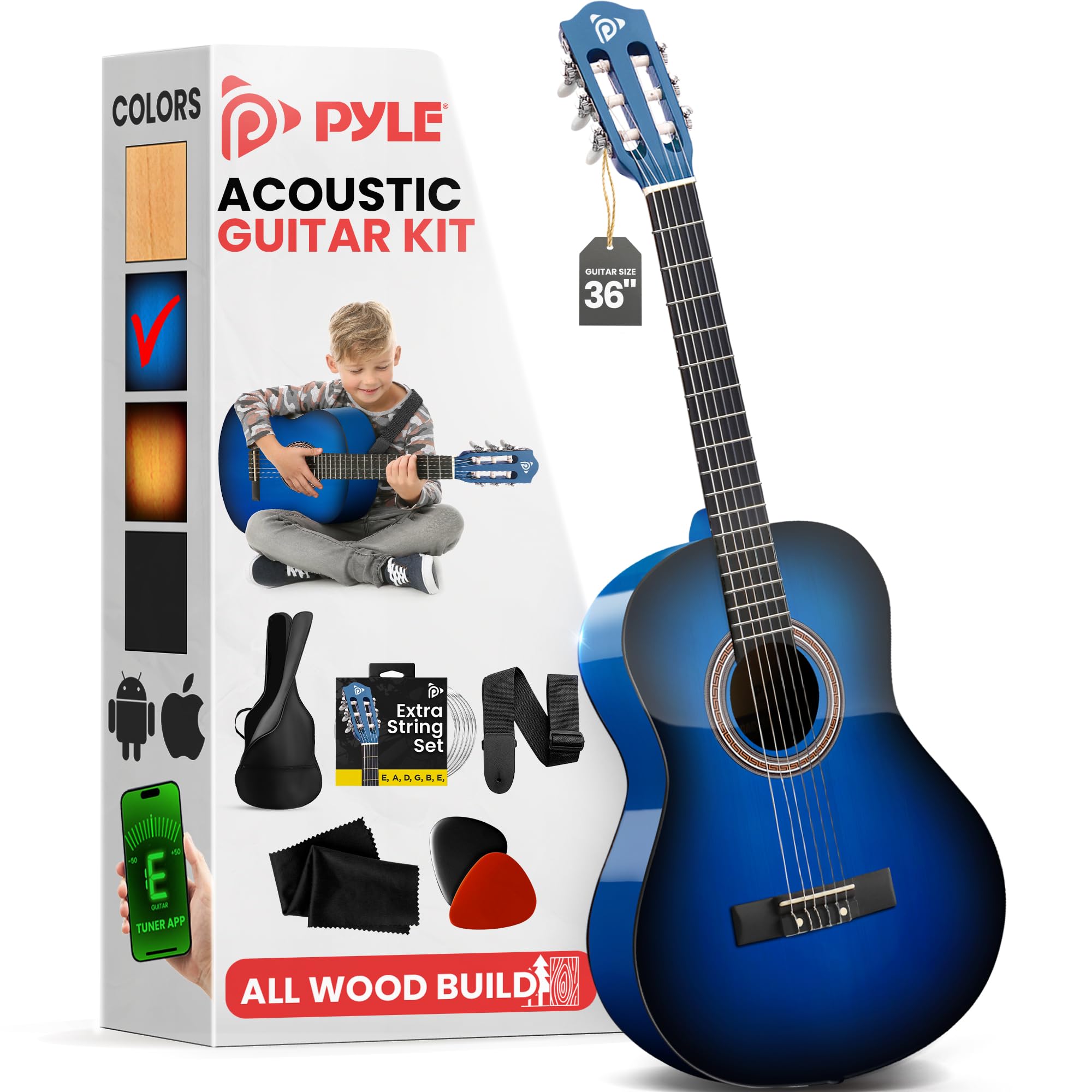 Pyle Beginner Acoustic Guitar Kit, 3/4 Junior Size All Wood Instrument For Kids, Adults, 36'' Blue Burst