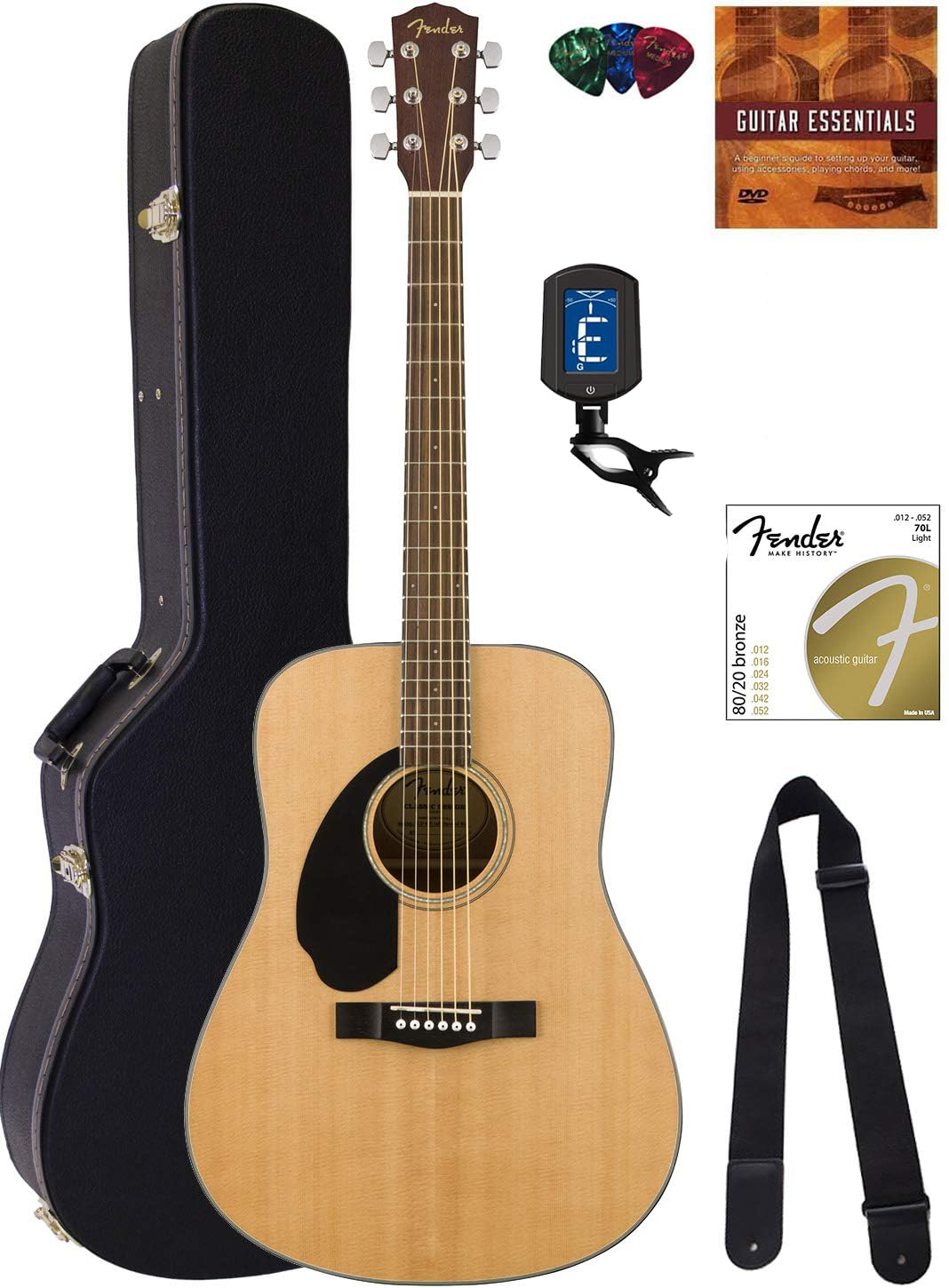 Fender Cd-60S Solid Top Dreadnought Acoustic Guitar, Left Handed - Natural Bundle With Hard Case, Tuner, Strap, Strings, Picks,