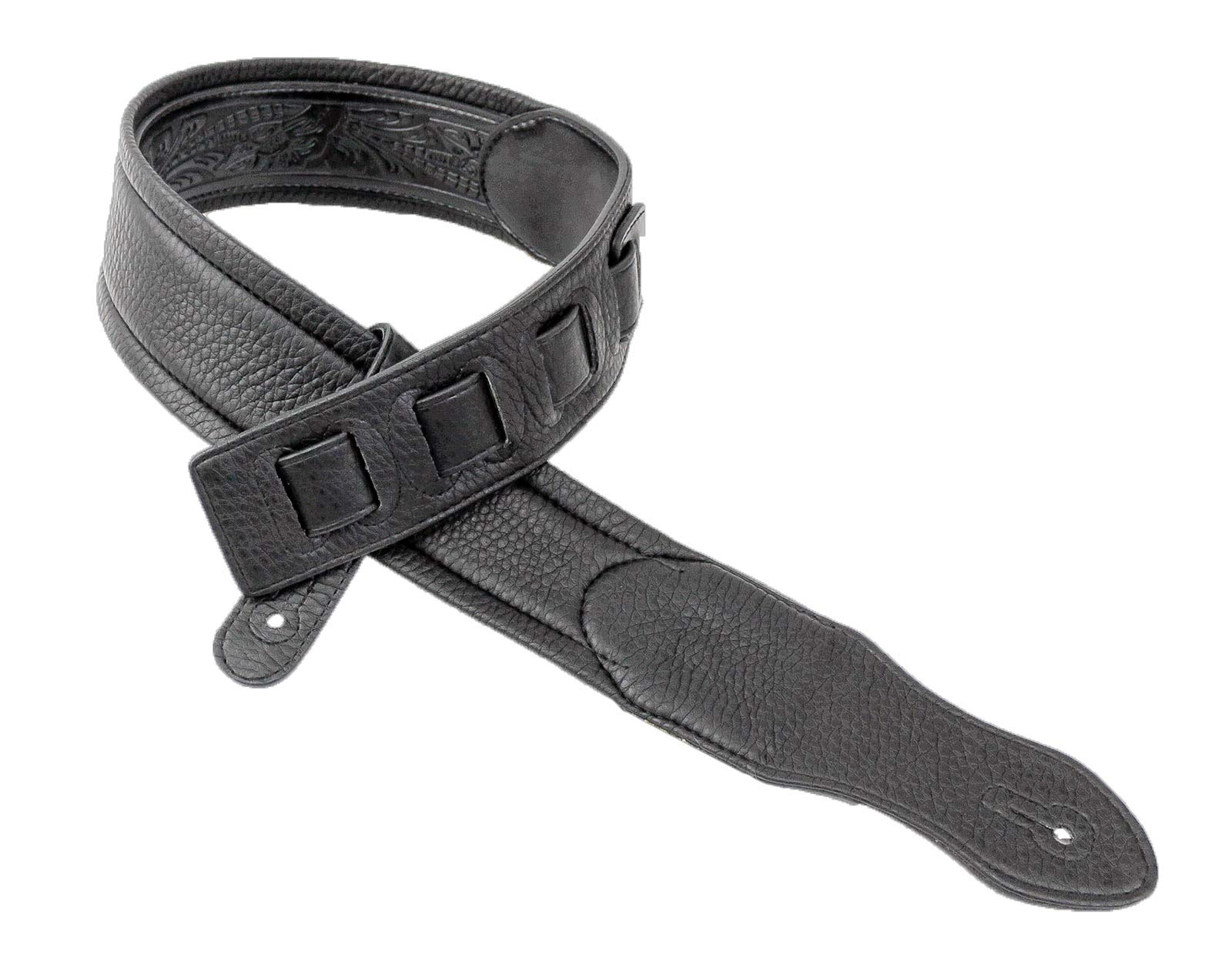 Walker & Williams G-118 Black on Black Padded Guitar Strap with Embossed Tooling & Padded Glove Leather Back For Acoustic, Elect