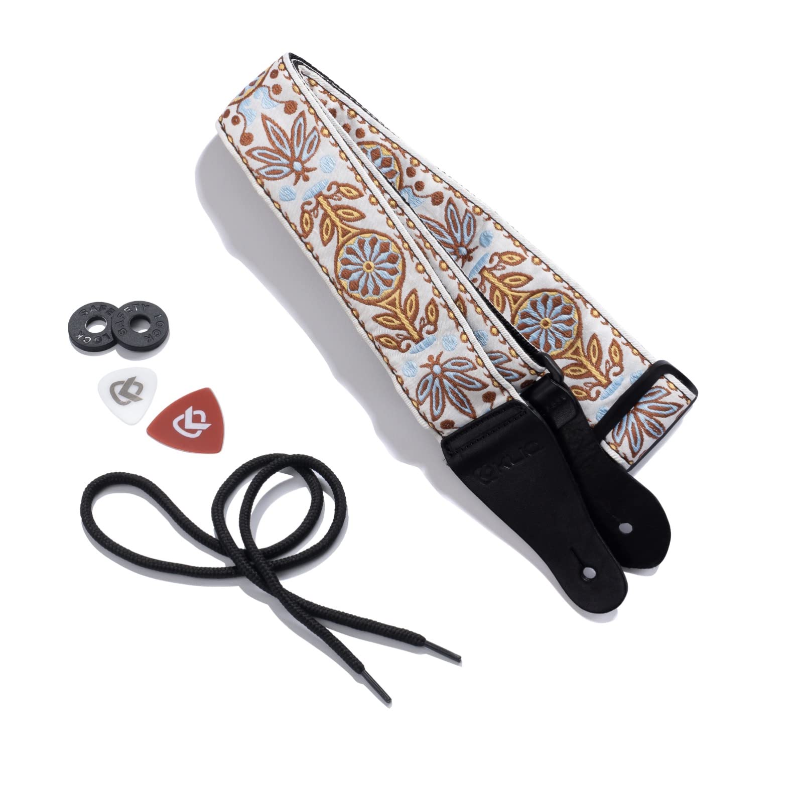 Kliq Vintage Woven Guitar Strap For Acoustic And Electric Guitars + 2 Free Rubber Strap Locks, 2 Free Guitar Picks And 1 Free La