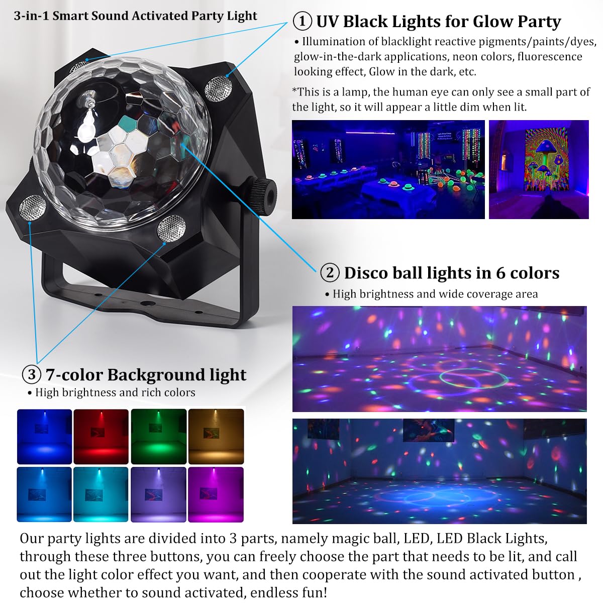 Buclhoz Disco Ball Party Lights Sound Activated LED Colorful DJ Strobe Light for Indoor Room Dance Parties Birthday Rave Home Cl