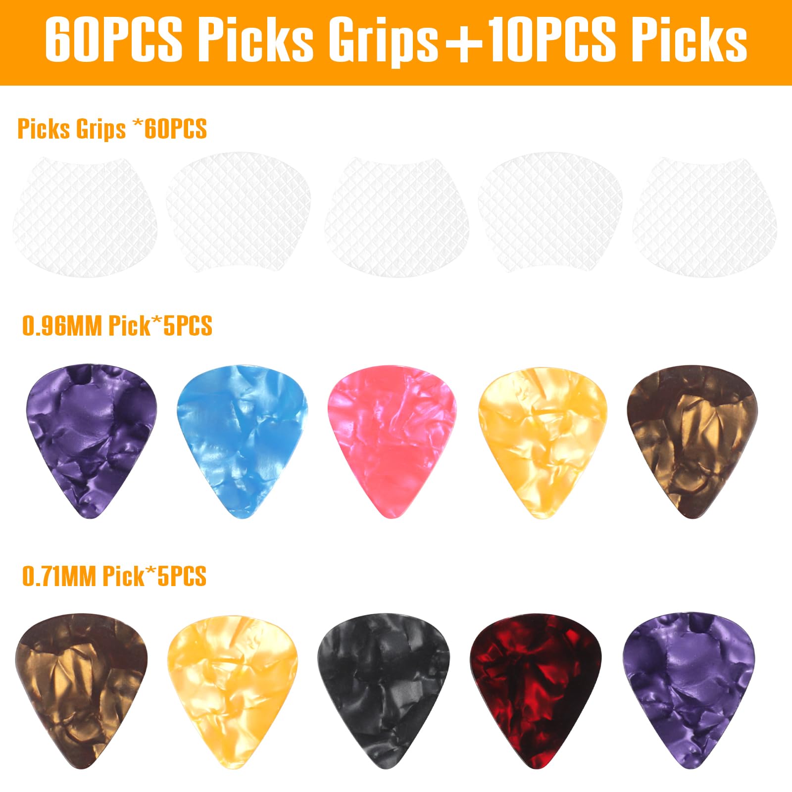 HETOETF 60pcs Guitar Picks Grips, Anti slip Silicone Soft Grips with 10 Guitar Picks, Two Different Thicknesses Guitar Picks, Se