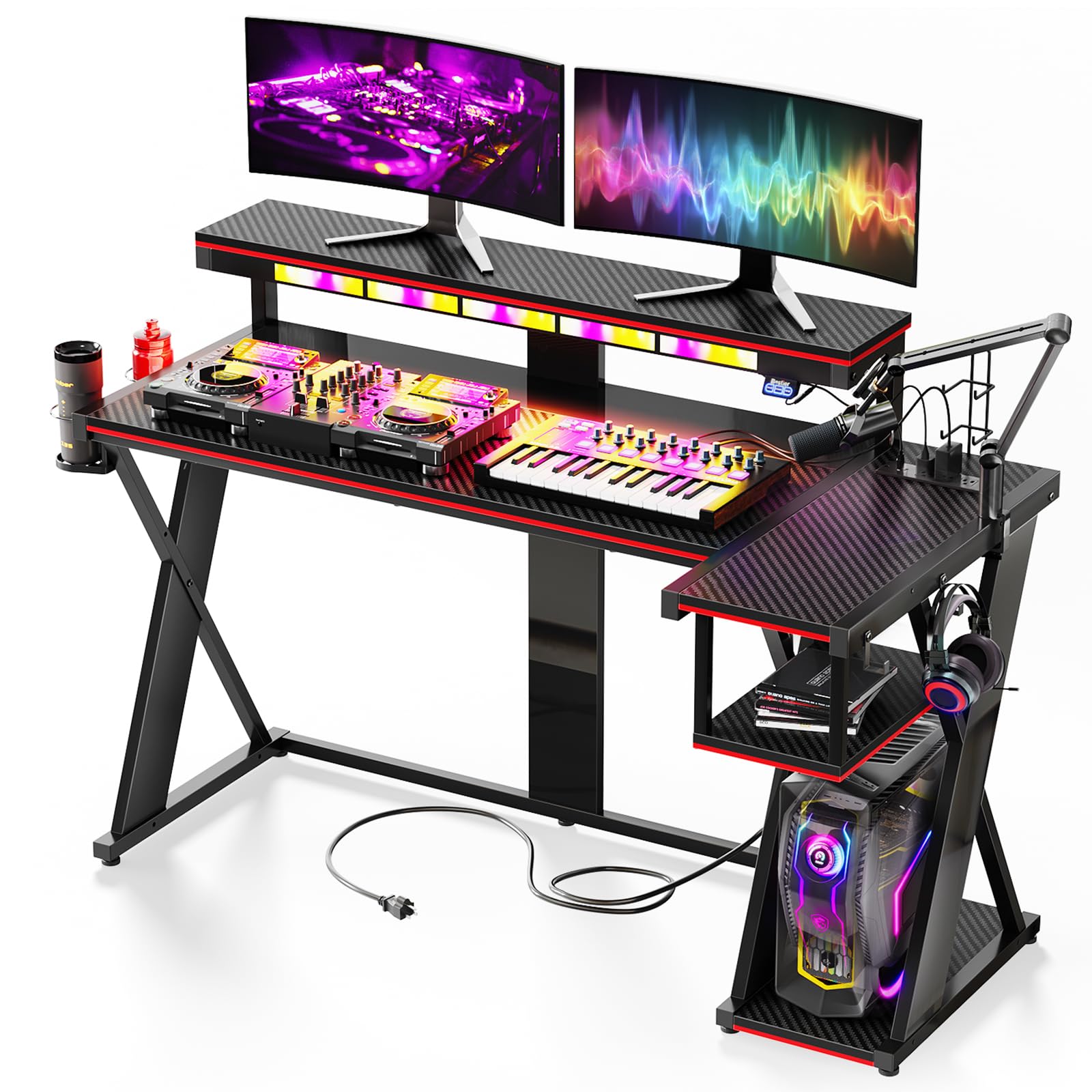 Bestier Music Studio Desk with Music Sync Light, Flow Vibe Music Production Desk with Monitor Stand and Storage Shelves, Cup Hol