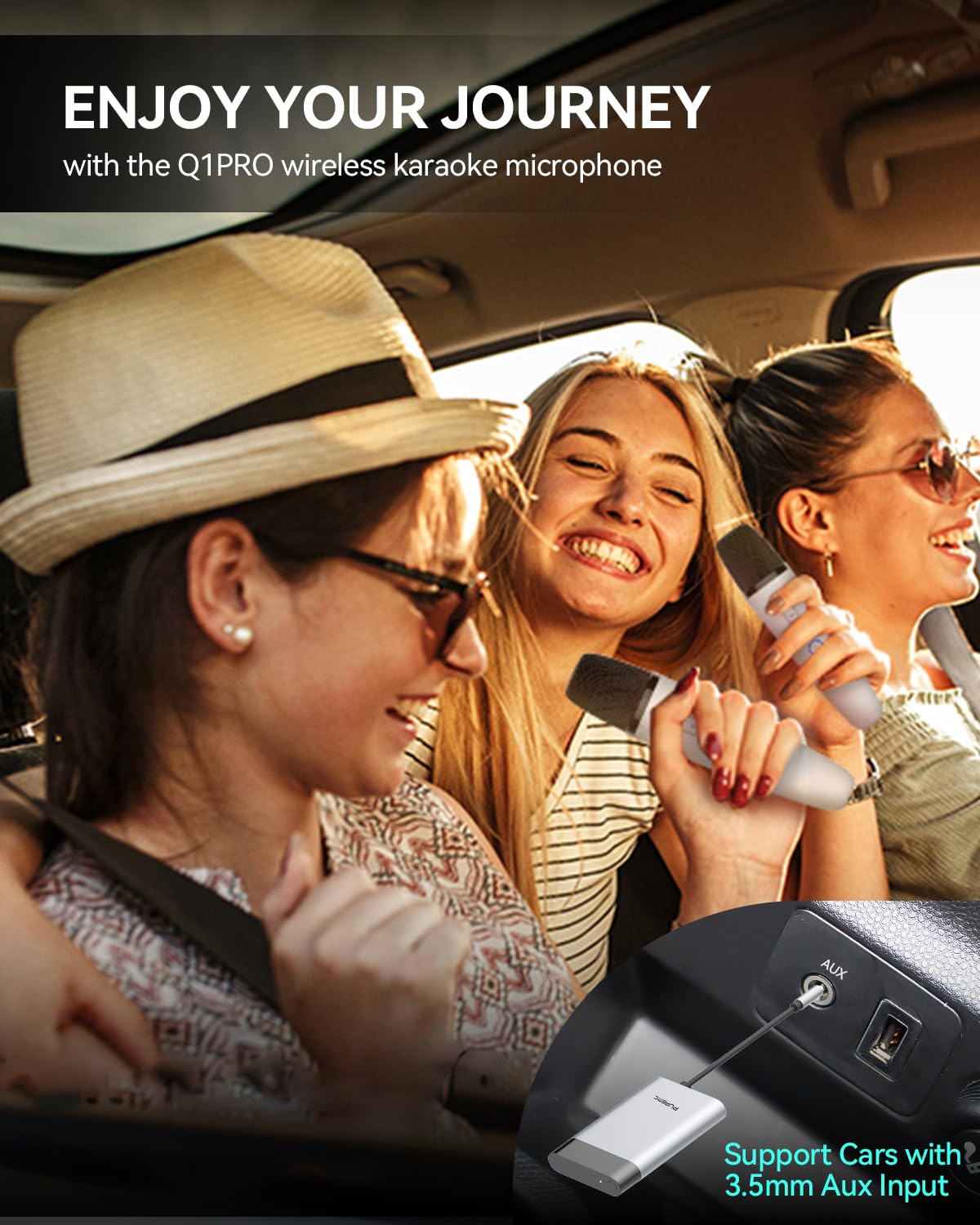 Wireless Car Karaoke Microphone with 8 Sound Effect, Rechargeable UHF Microphone with 3.5mm Aux Jack Receiver, Duet Singing Mic