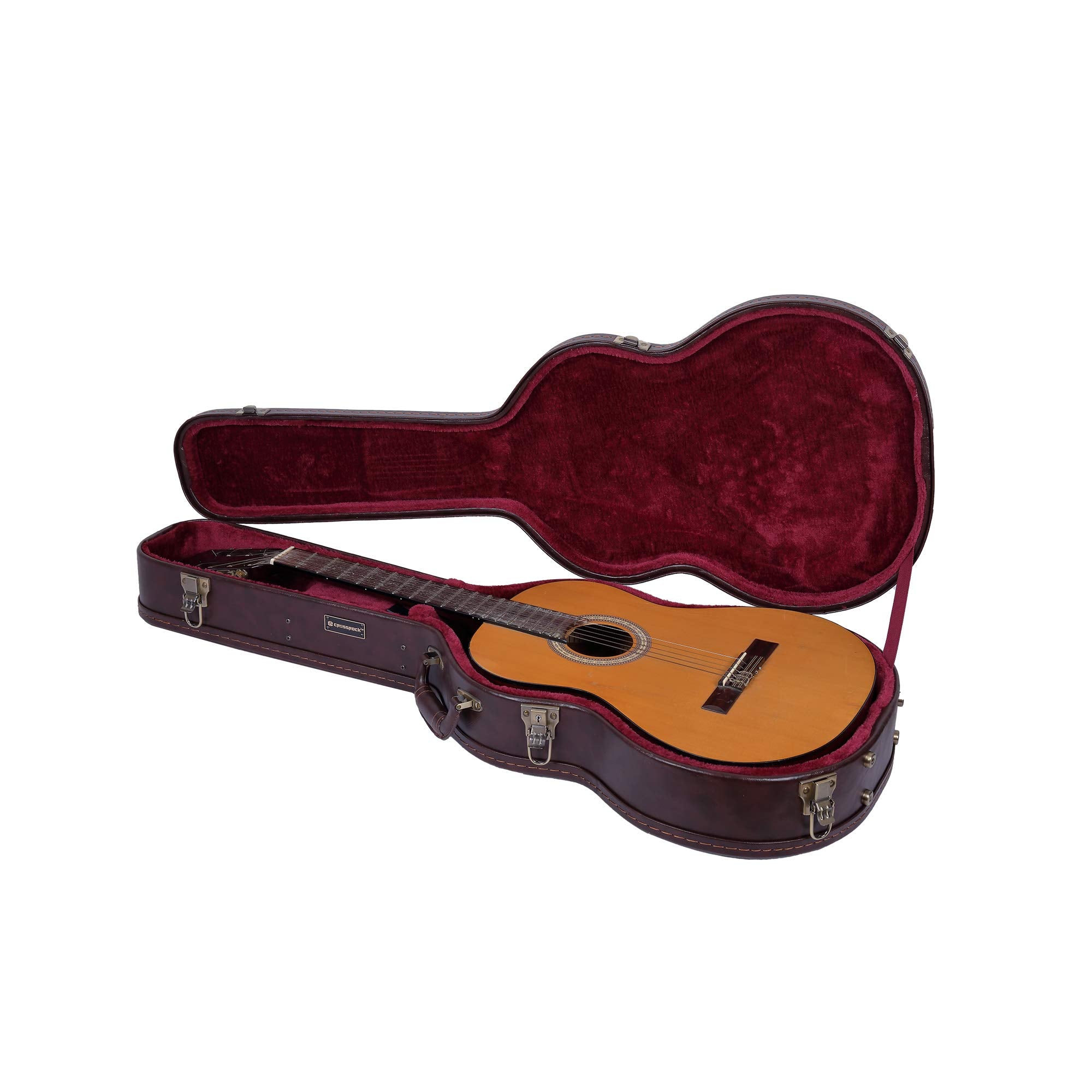 Crossrock Wooden Guitar Case -Fits 4/4 Classical Nylon String Acoustic Guitars- Vintage Hardware, Sponge Lining, Metal Feet, Sto