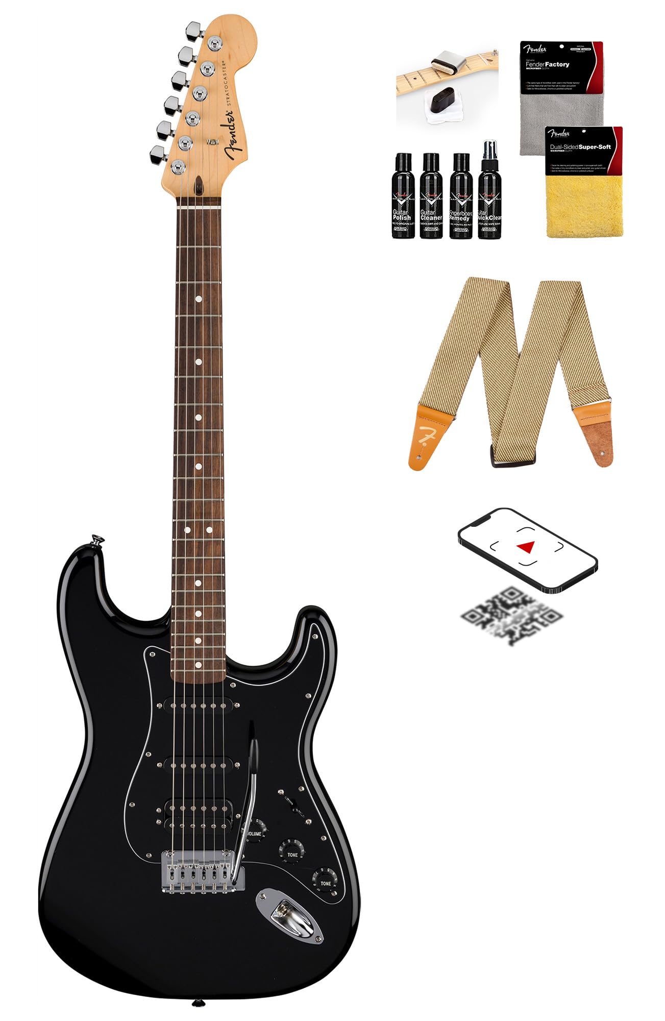 Fender Standard Stratocaster Hss - Black Bundle With Strap, Guitar Cleaning Kit And Austin Bazaar Instructional Video