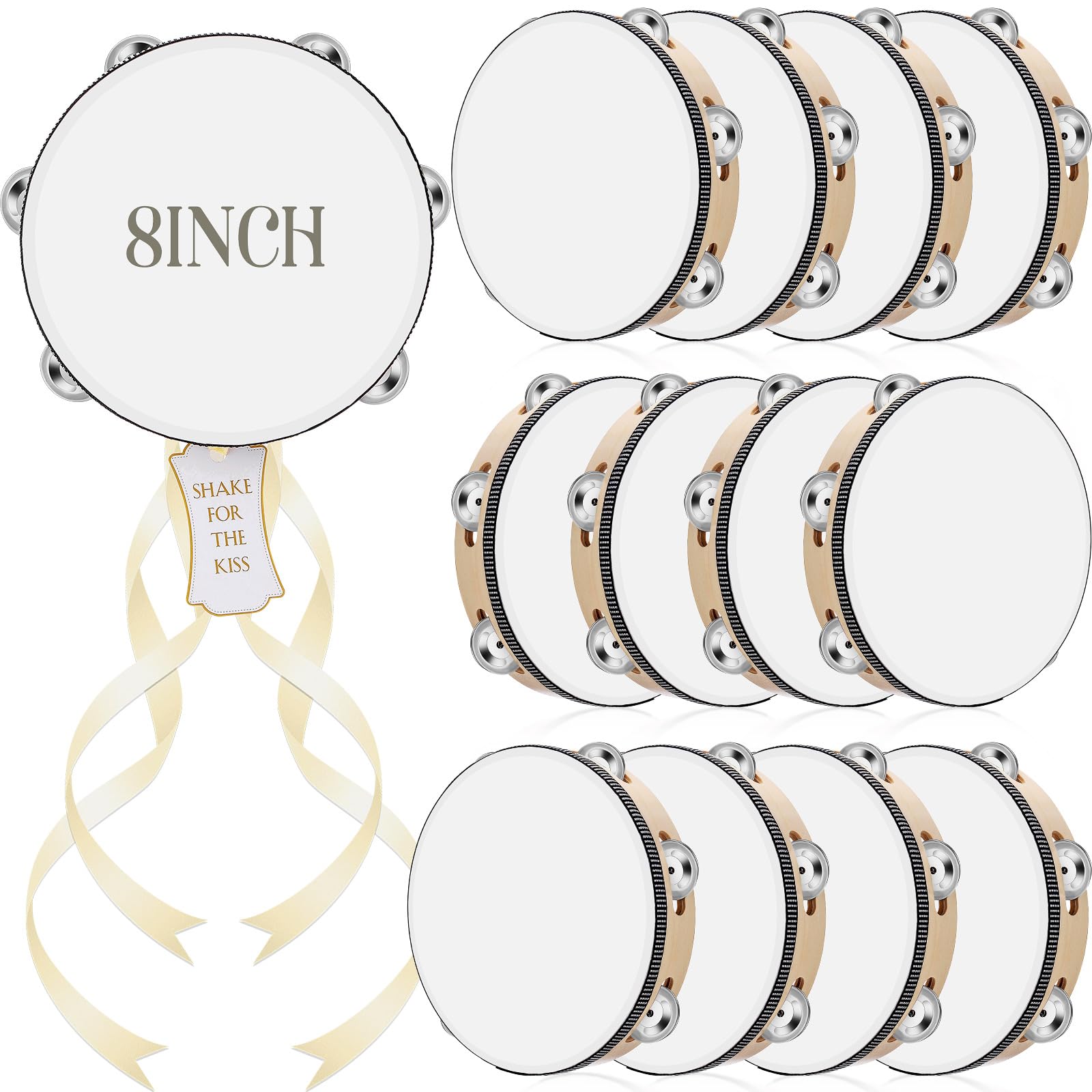Lukmaa 12 Set 8 Inch Tambourine for Adults Tambourines Bulk Wooden Hand Held Drum with Metal Jingles, Gift Tags, Beige Ribbon Pe