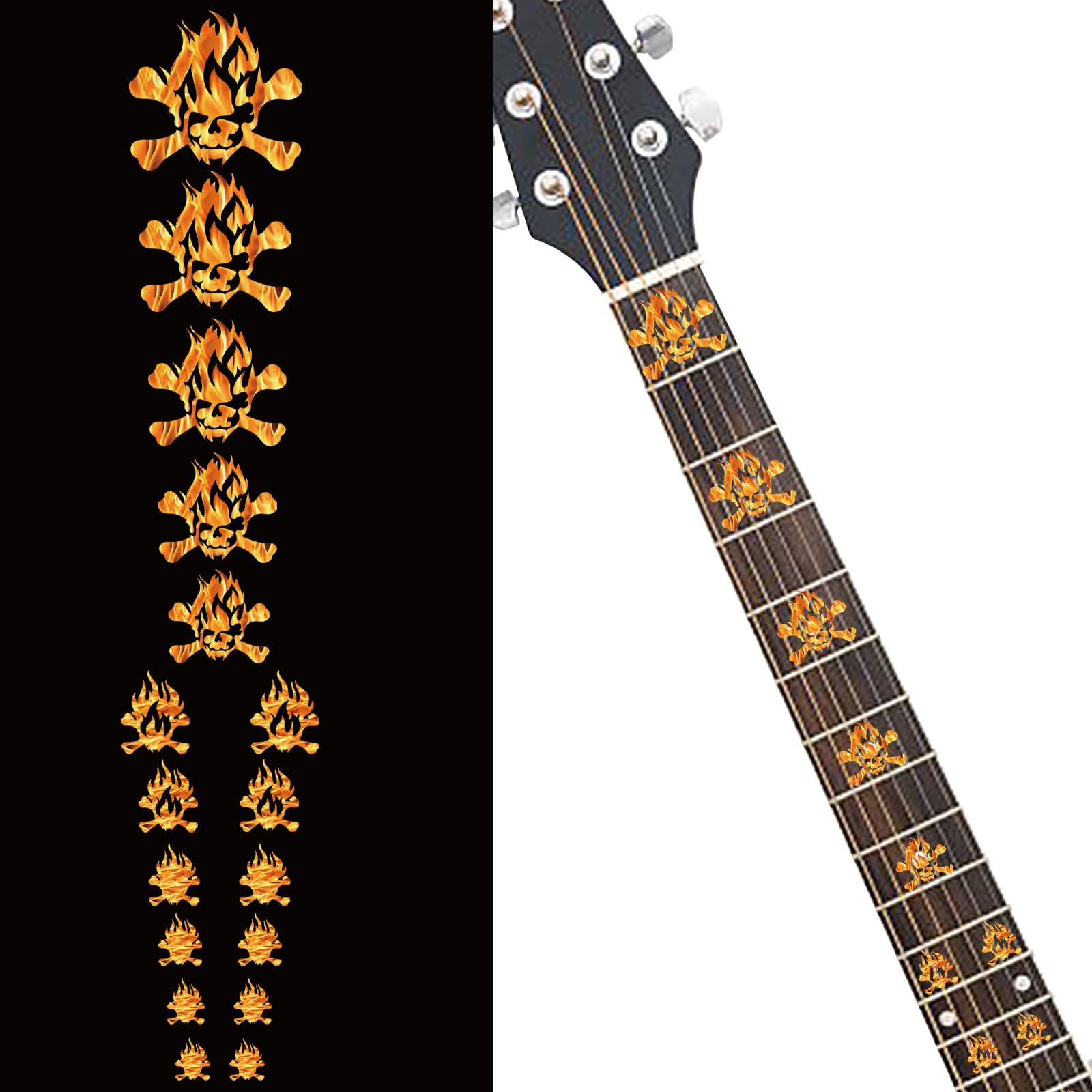 Pligreat 2 Pack Flame Skulls Guitar Fret Markers - Fretboard Stickers, Headstock Decal, Diy Guitar Decor Gifts For Guitarist & B
