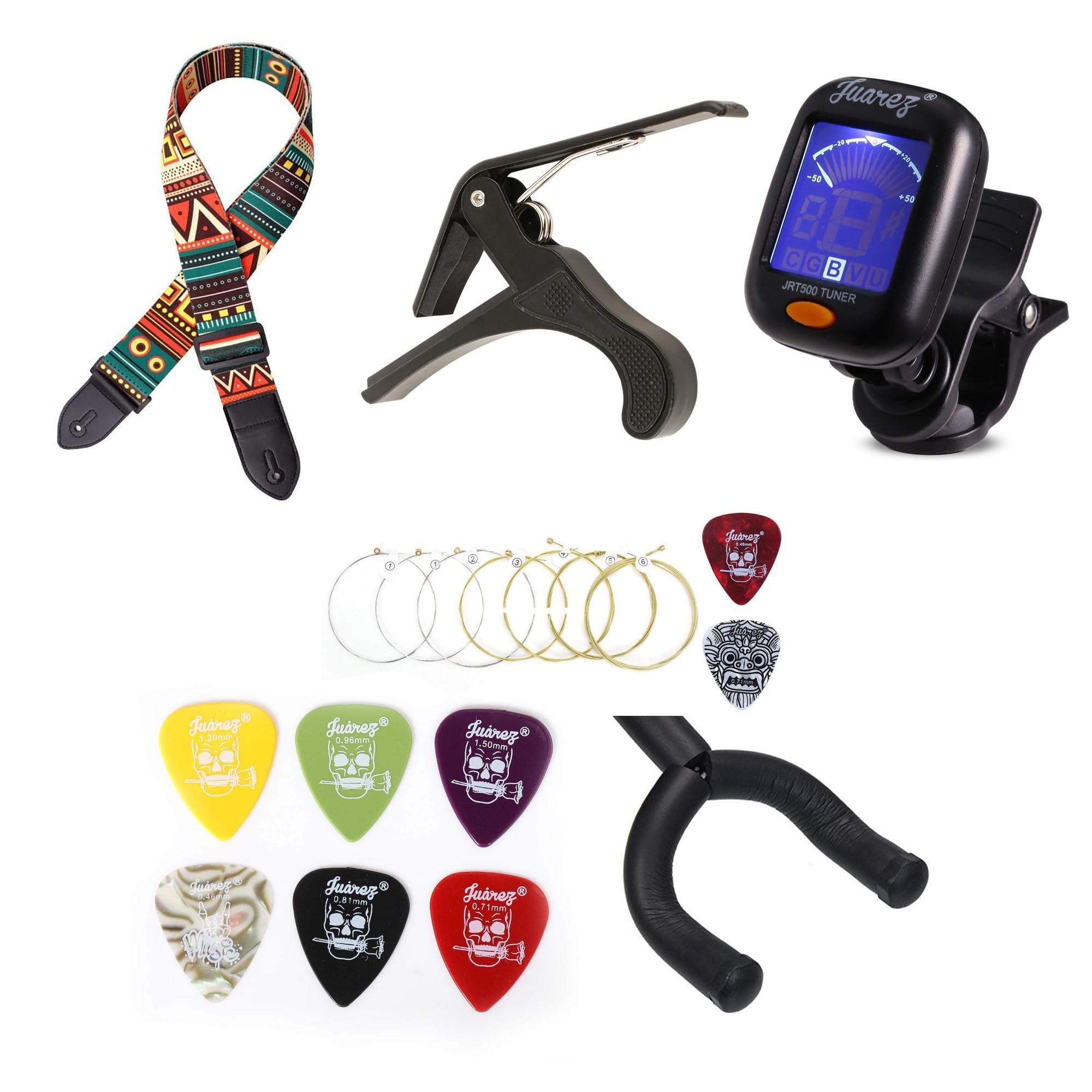 Jurez Ultimate Guitar Combo Kit  Jrz250 Capo, Jrt500 Tuner, Jagsp300 Strings + Picks, Jap60 Pick Set (6), 2 Jrz100 Wall Mount Ha