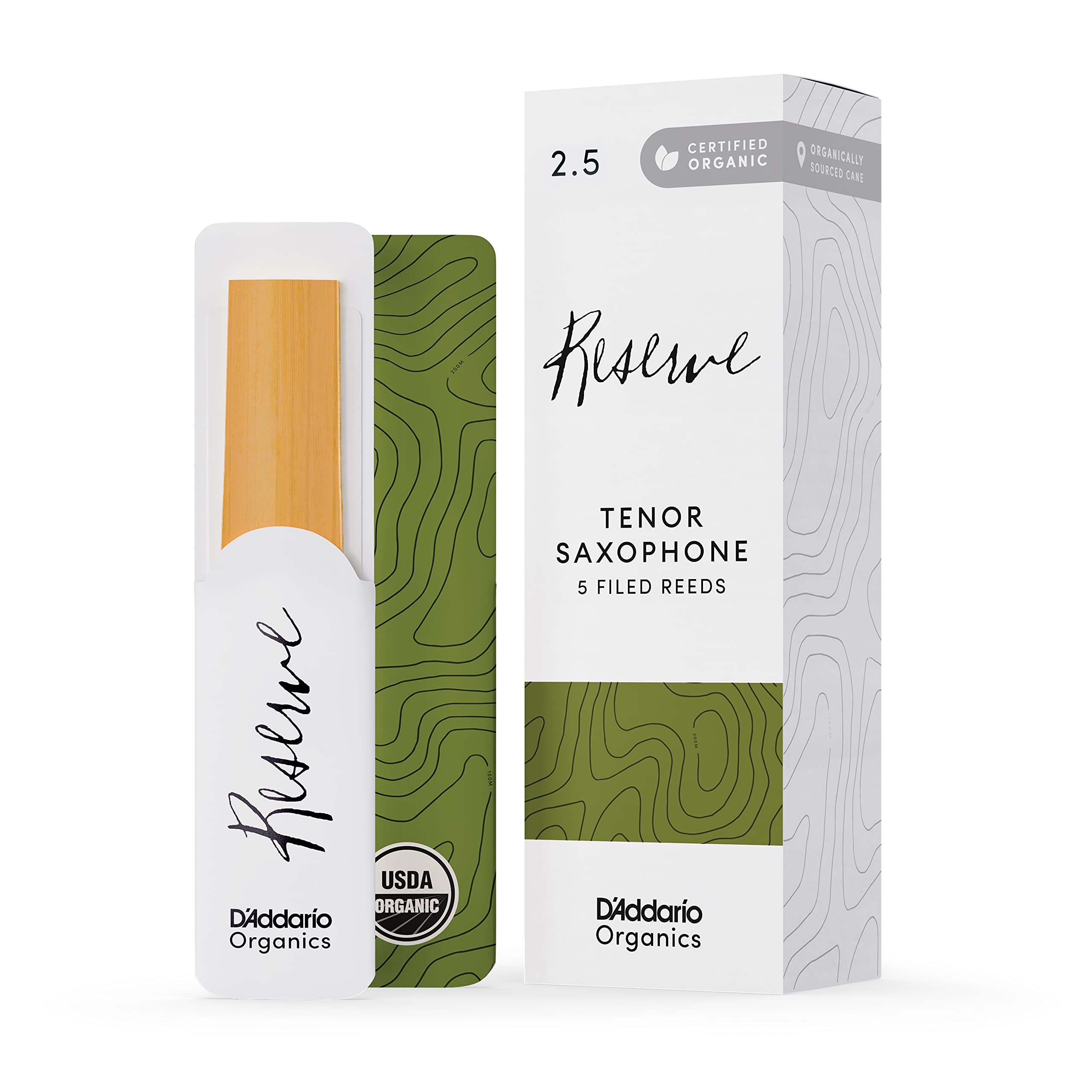D'Addario Organic Reserve Tenor Saxophone Reeds - Sax Reeds - Individually Sealed - 2.5 Strength, 5 Pack