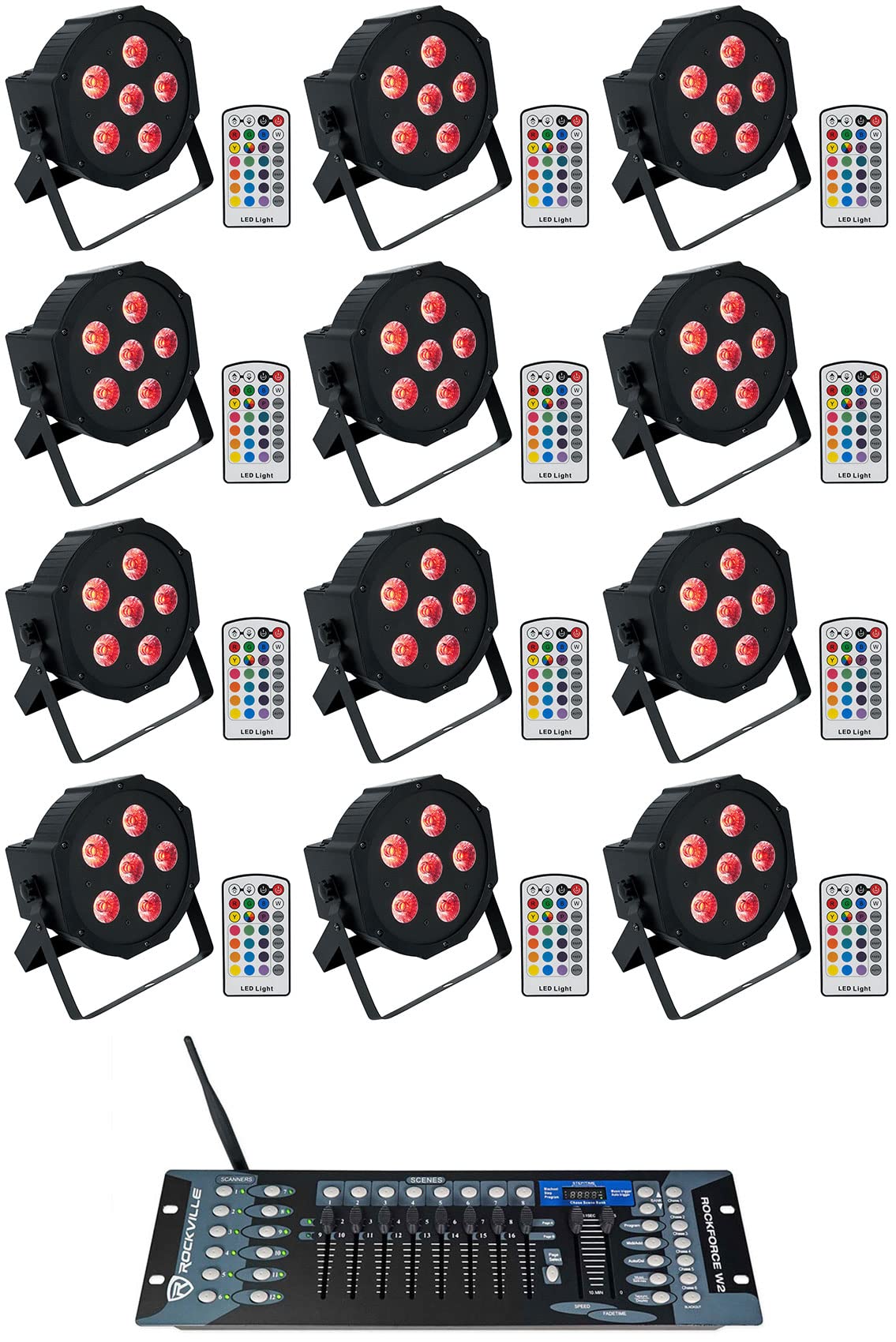 Rockville Battery PAR 6RF Bundle: (12) Rechargeable RGBWA+UV Wireless DMX LED Lights with RF Remotes, ROCKFORCE W2 192-Channel W
