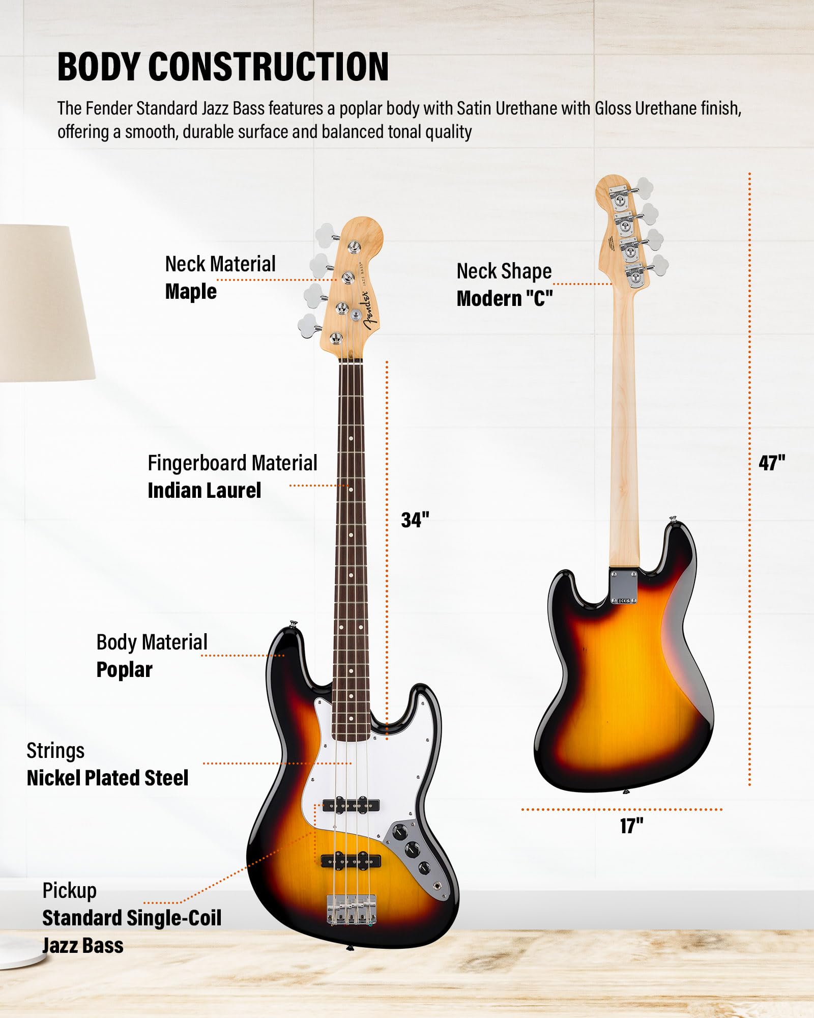 Fender Standard Jazz Bass - 3-Color Sunburst Bundle with Strap, Guitar Cleaning Kit and Austin Bazaar Instructional Video