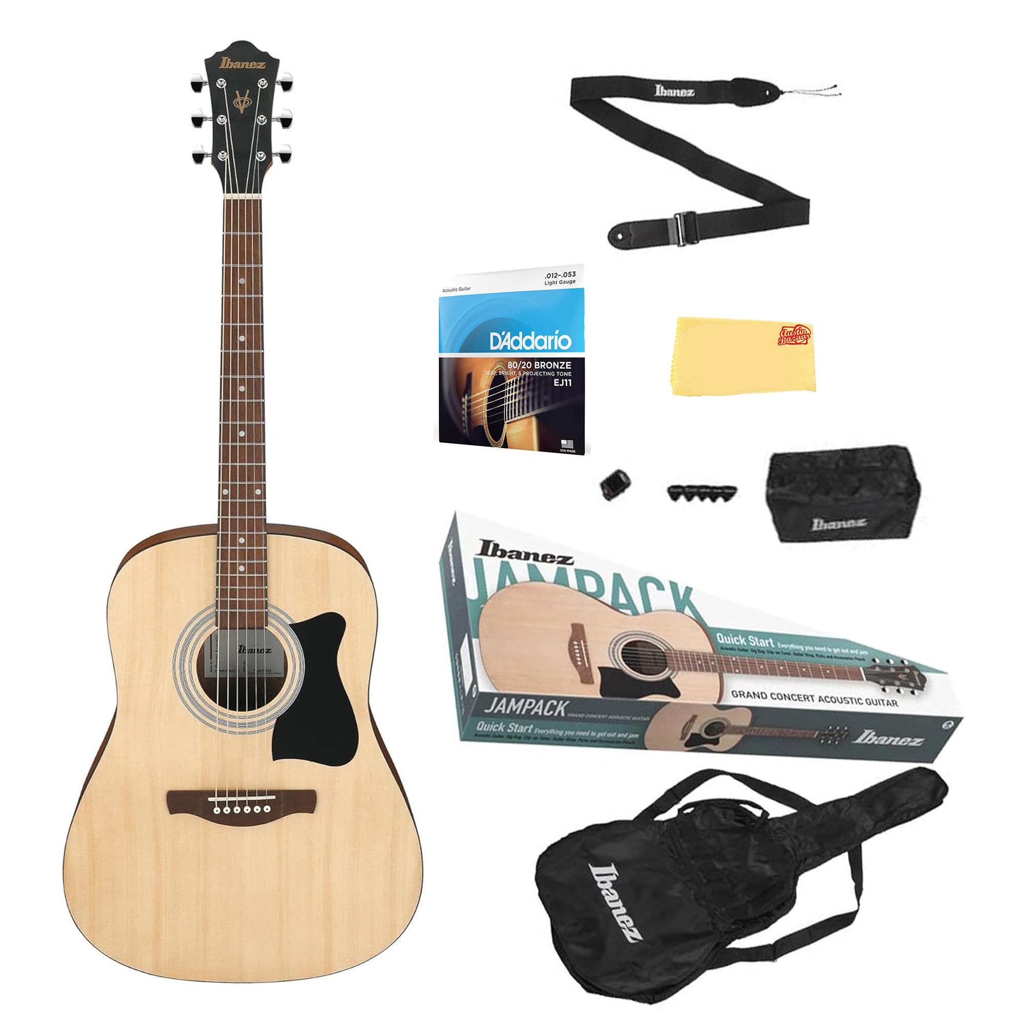 Ibanez IJV50 JamPack Dreadnought Acoustic Guitar Pack - Open Pore Natural Bundle with Gig Bag, Tuner, Strings, Pouch, Strap, Pic